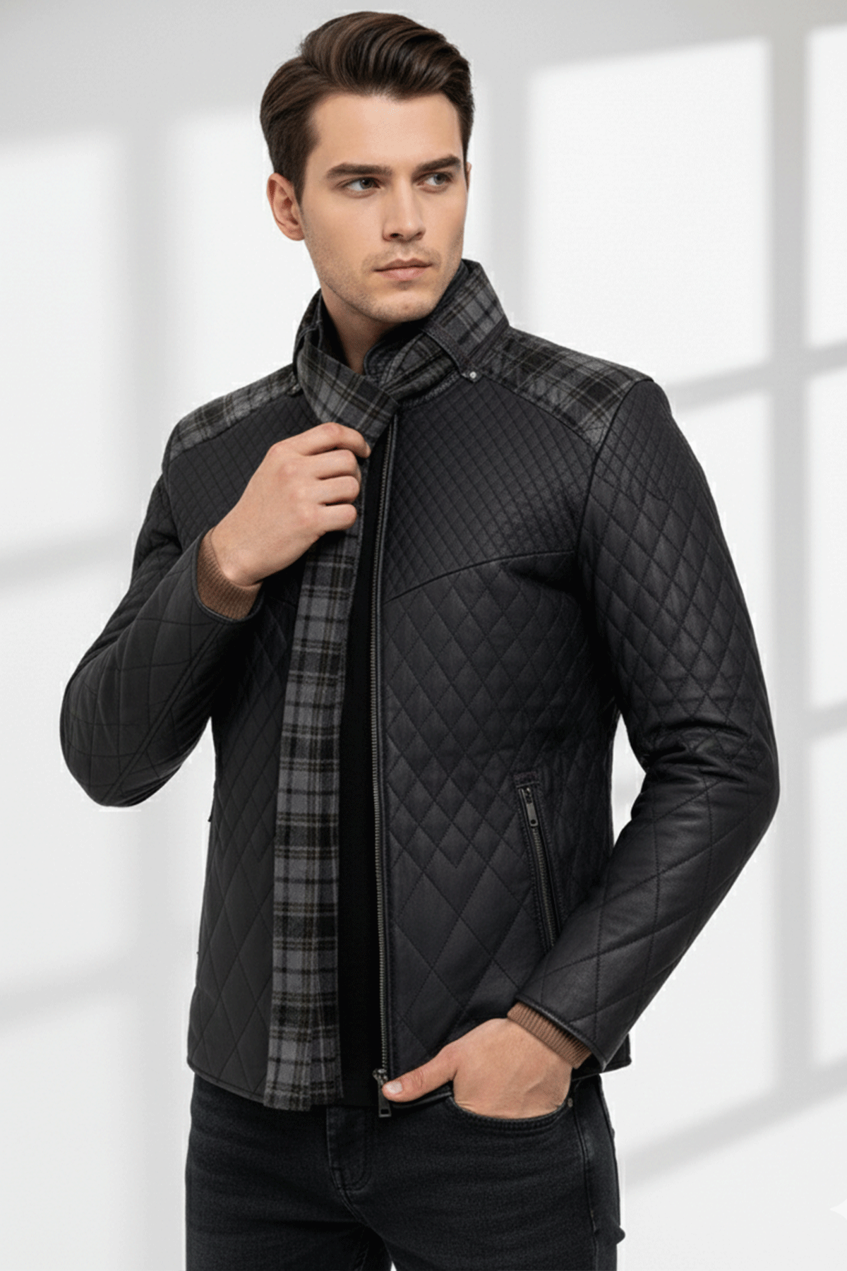 Lacivert Steven Erkek Şallı Kapitone Hakiki Deri Mont