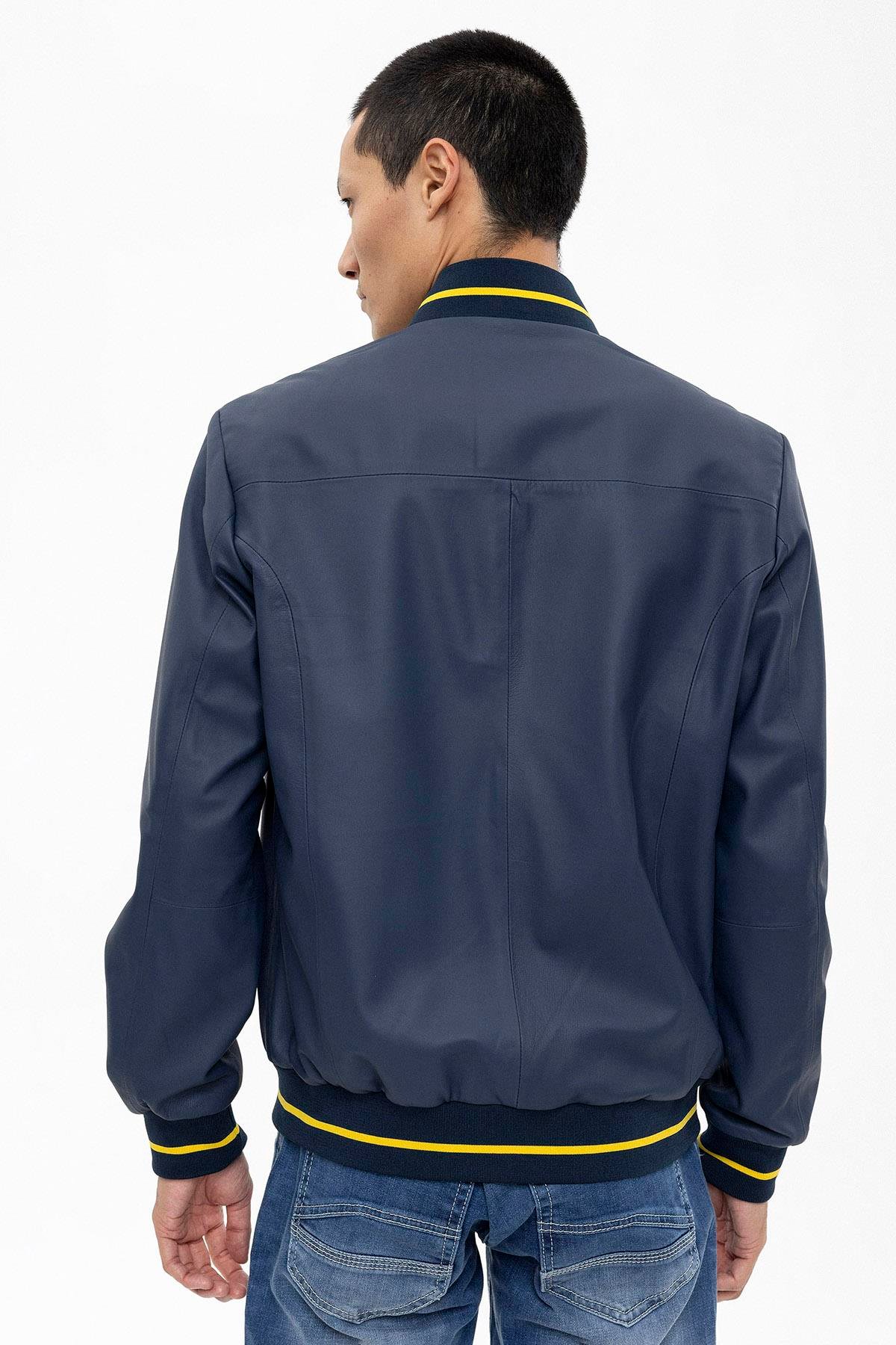 Lacivert Trikolu Astarlı Erkek Deri Ceket
