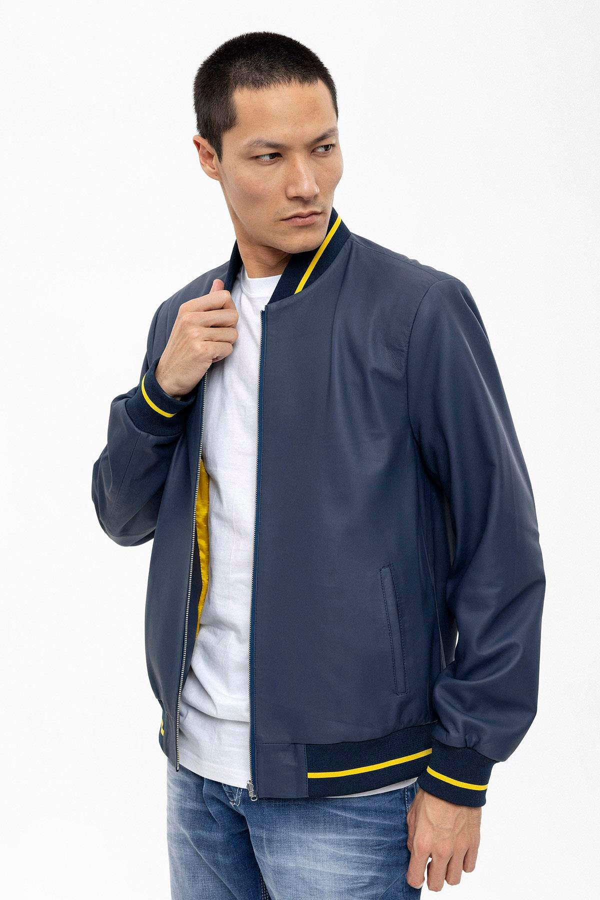Lacivert Trikolu Astarlı Erkek Deri Ceket