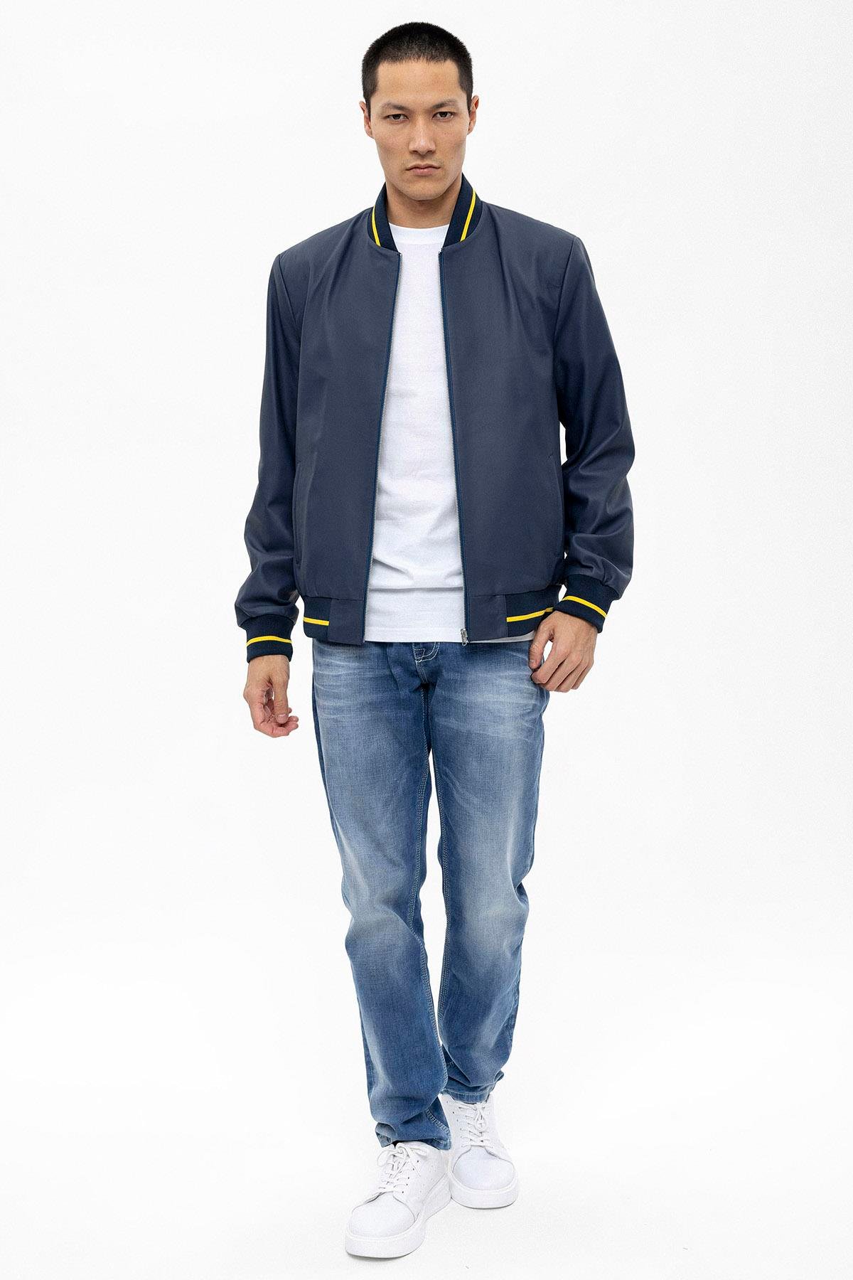 Lacivert Trikolu Astarlı Erkek Deri Ceket