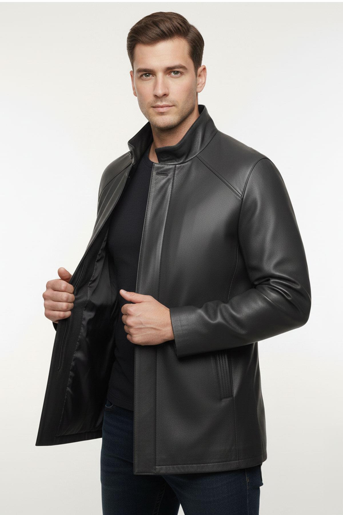 Lacivert Weston Geniş Kesim Astarlı Fermuarlı ve Düğmeli Triko Yakalı Erkek Hakiki Deri Kaban