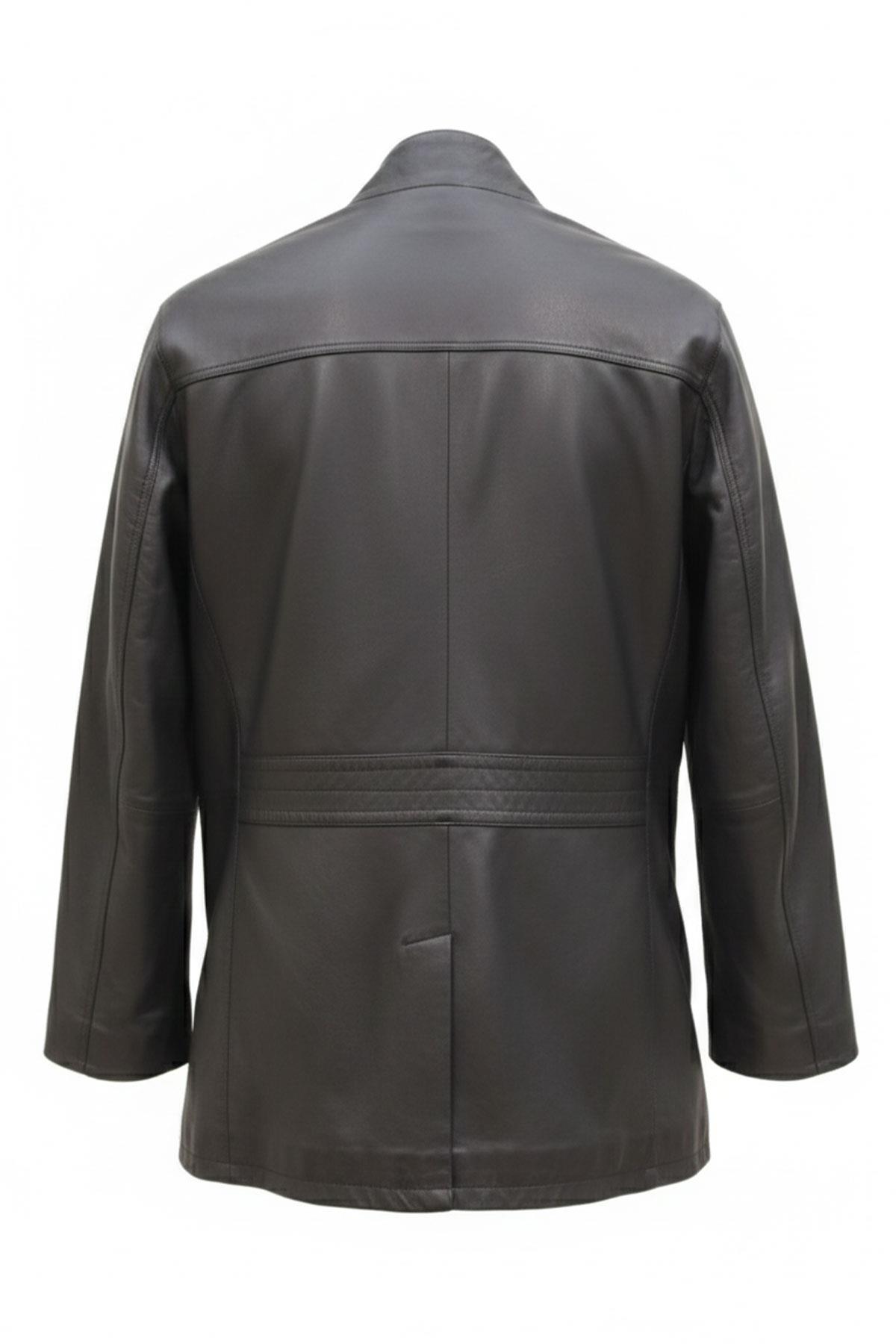 Lacivert Weston Geniş Kesim Astarlı Fermuarlı ve Düğmeli Triko Yakalı Erkek Hakiki Deri Kaban