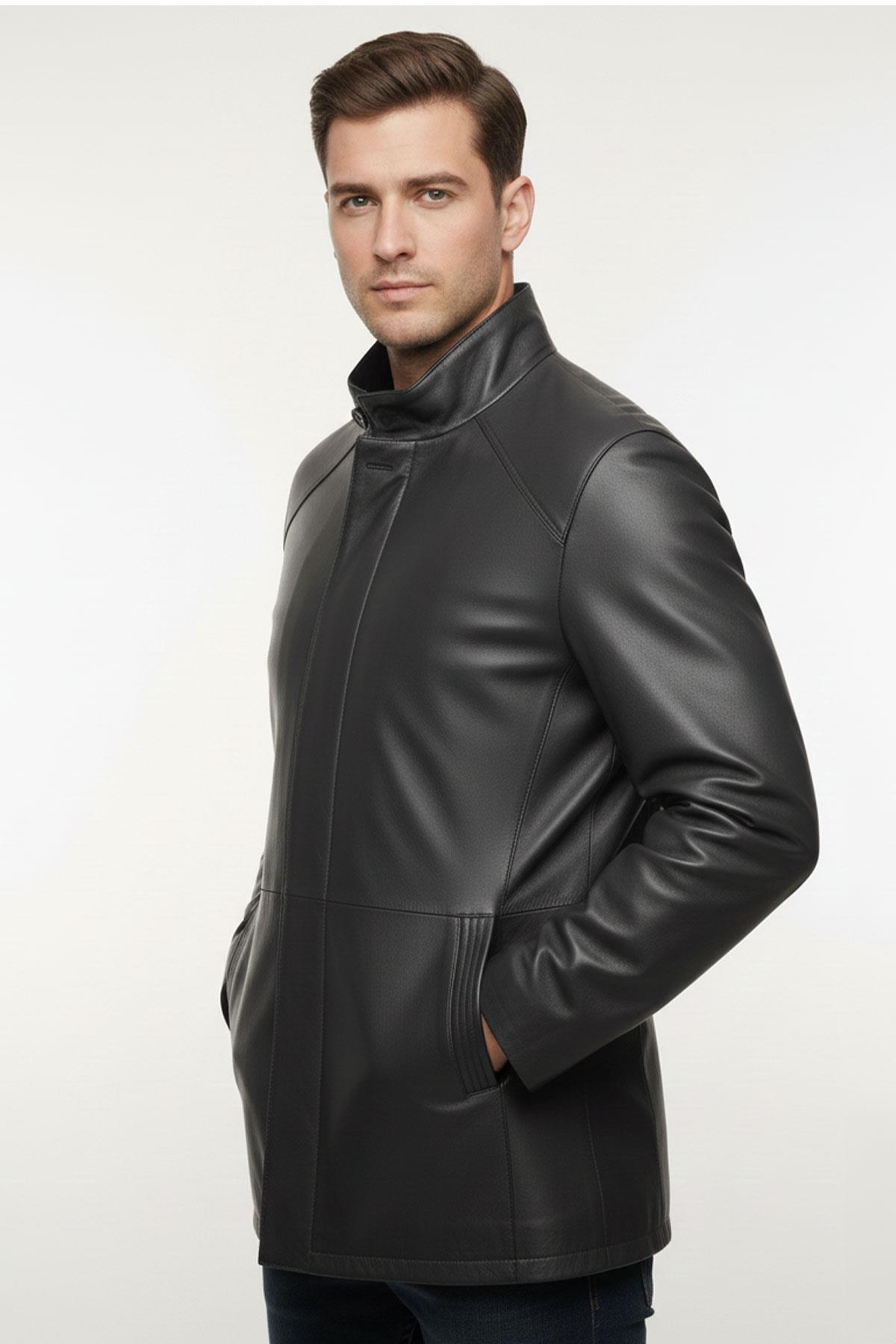 Lacivert Weston Geniş Kesim Astarlı Fermuarlı ve Düğmeli Triko Yakalı Erkek Hakiki Deri Kaban