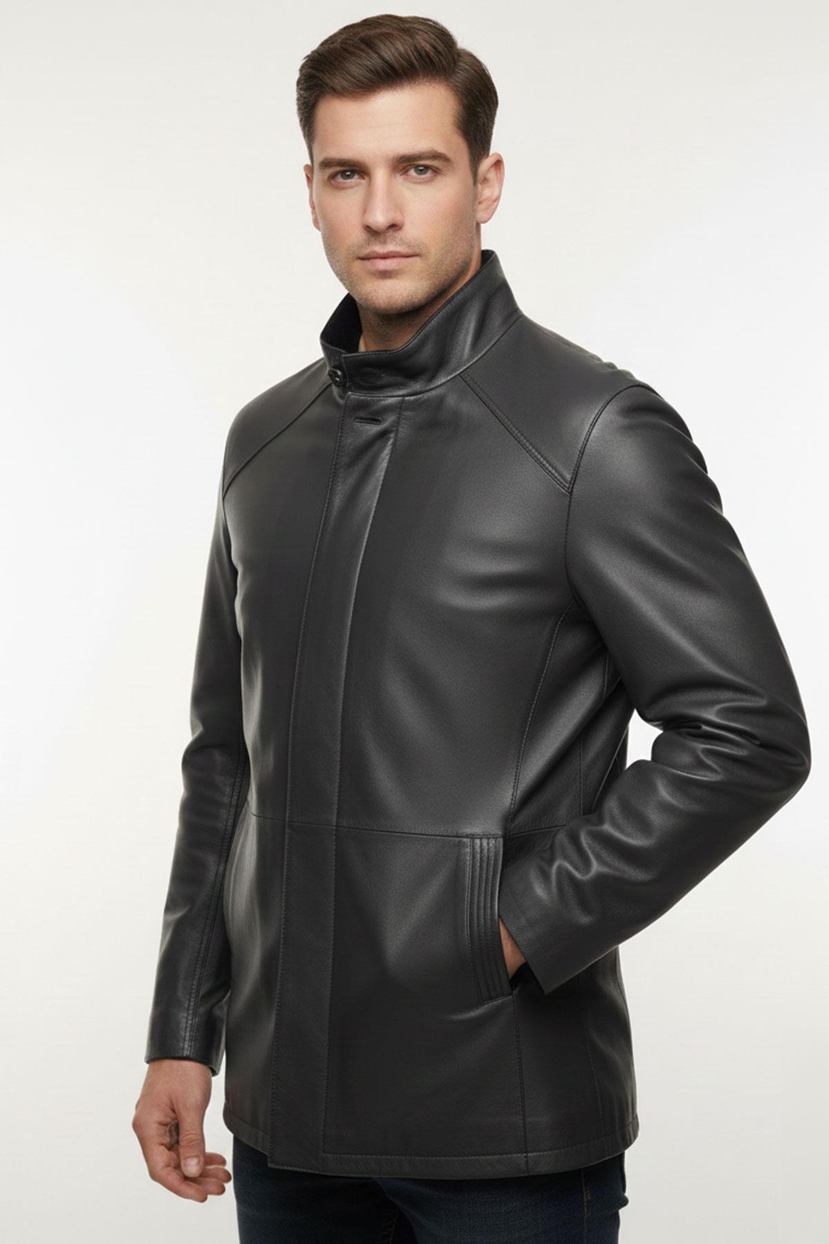 Lacivert Weston Geniş Kesim Astarlı Fermuarlı ve Düğmeli Triko Yakalı Erkek Hakiki Deri Kaban