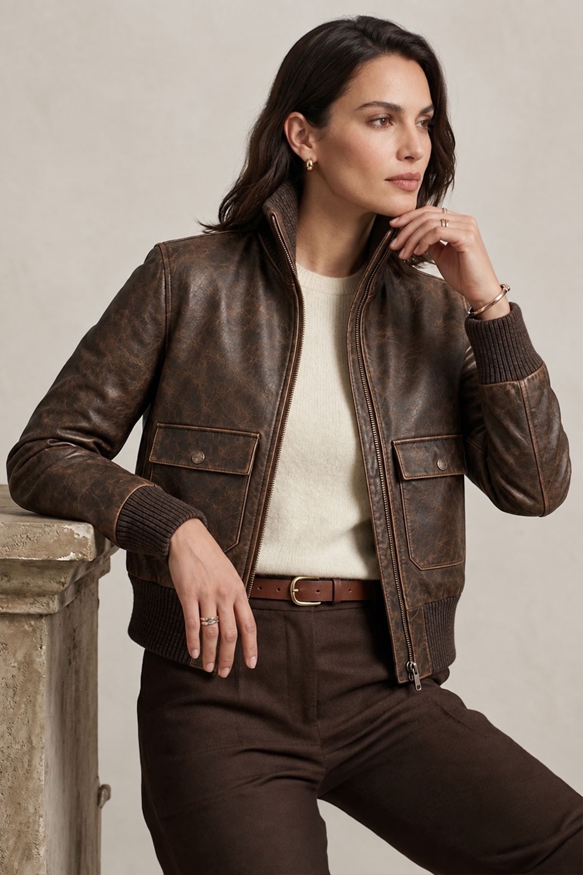 Lara Vintage Kahverengi Hakiki Deri Bomber Ceket