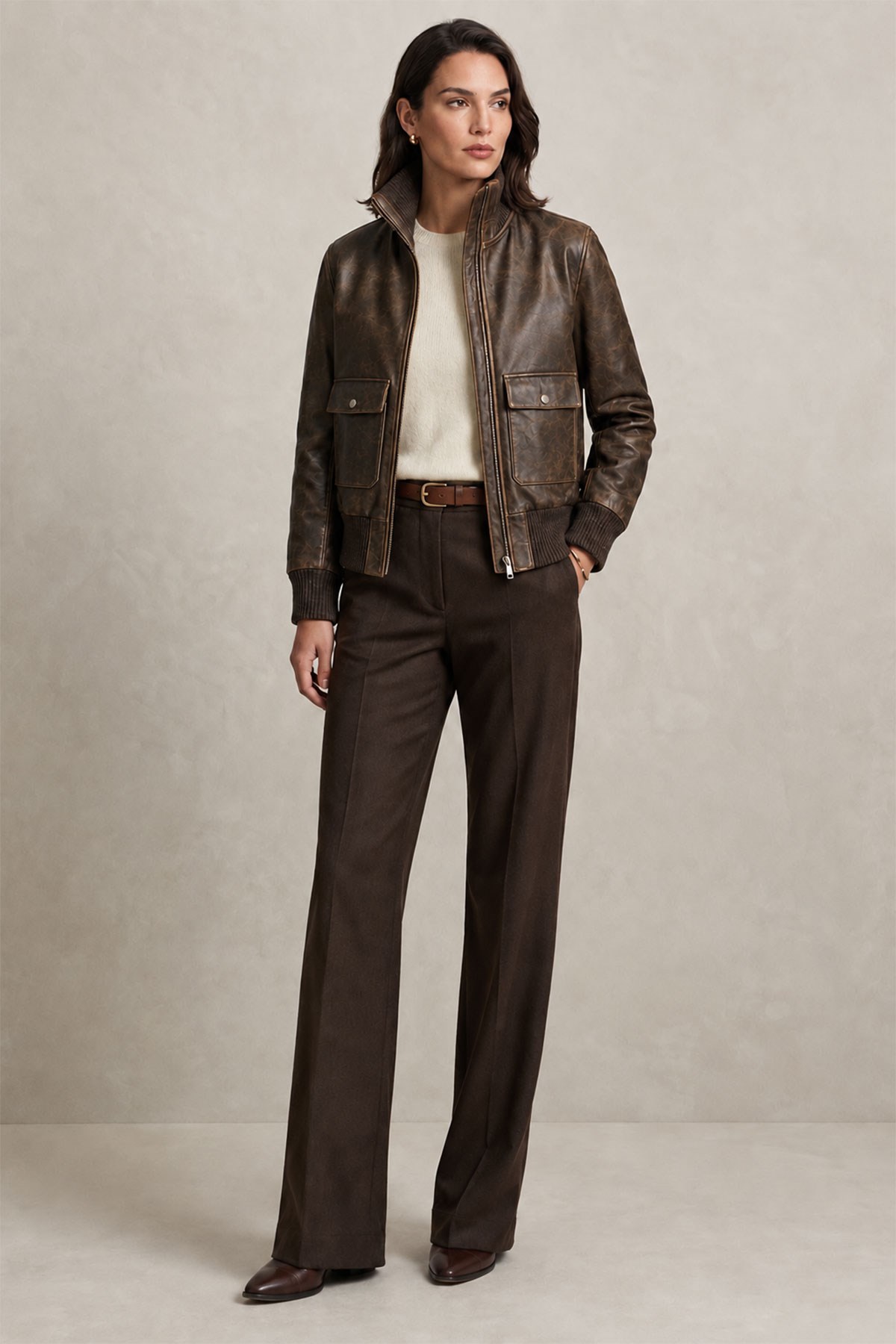 Lara Vintage Kahverengi Hakiki Deri Bomber Ceket