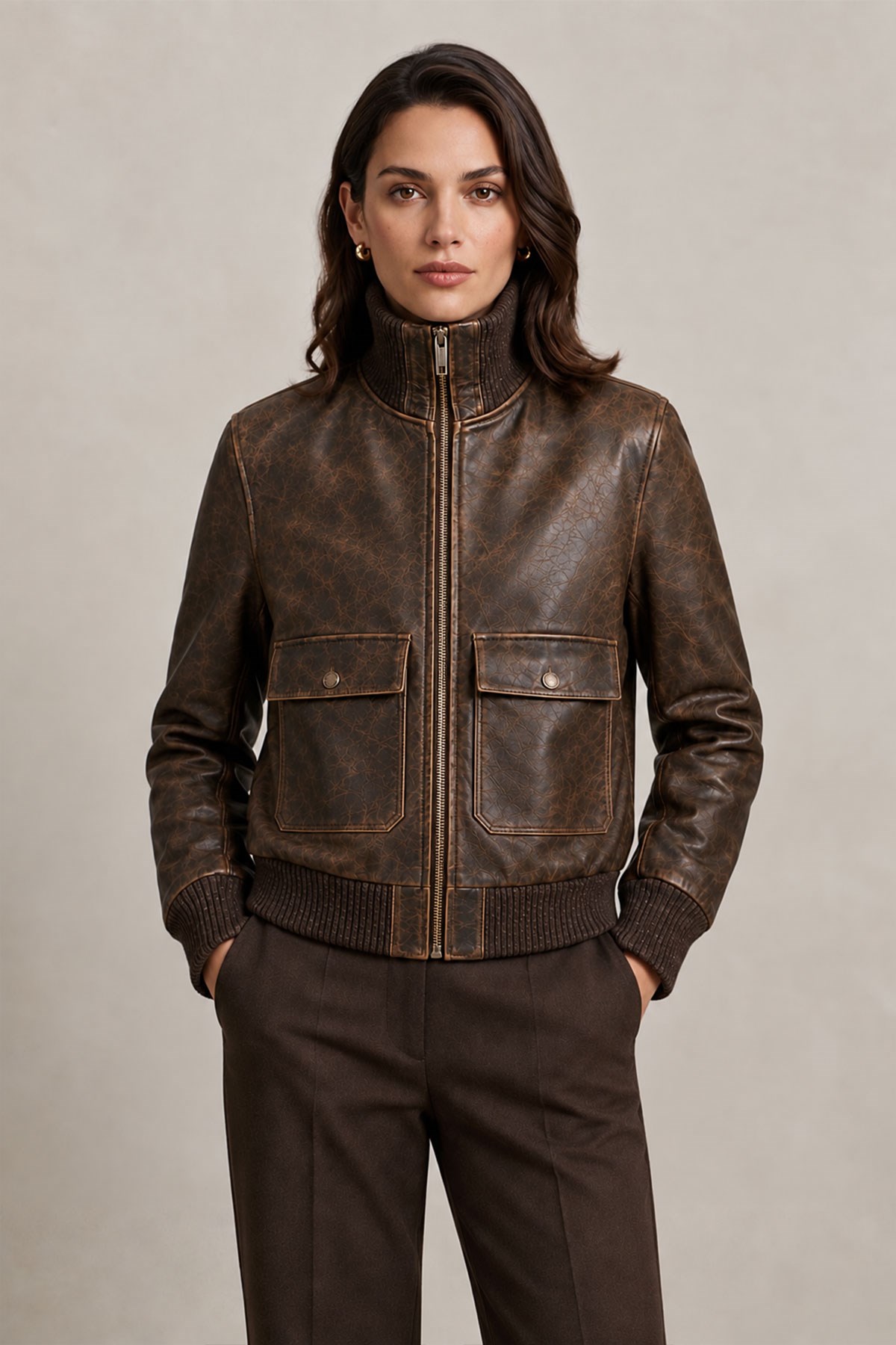 Lara Vintage Kahverengi Hakiki Deri Bomber Ceket