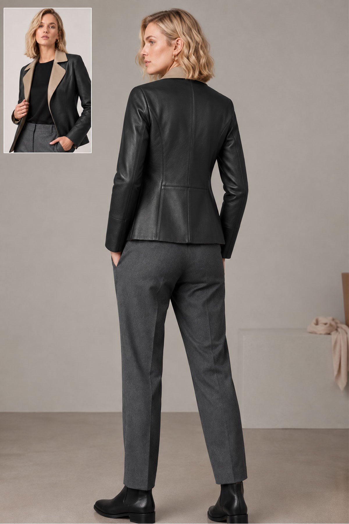 Liora Vizon Siyah Kadın Çift Taraflı Hakiki Deri Blazer Ceket
