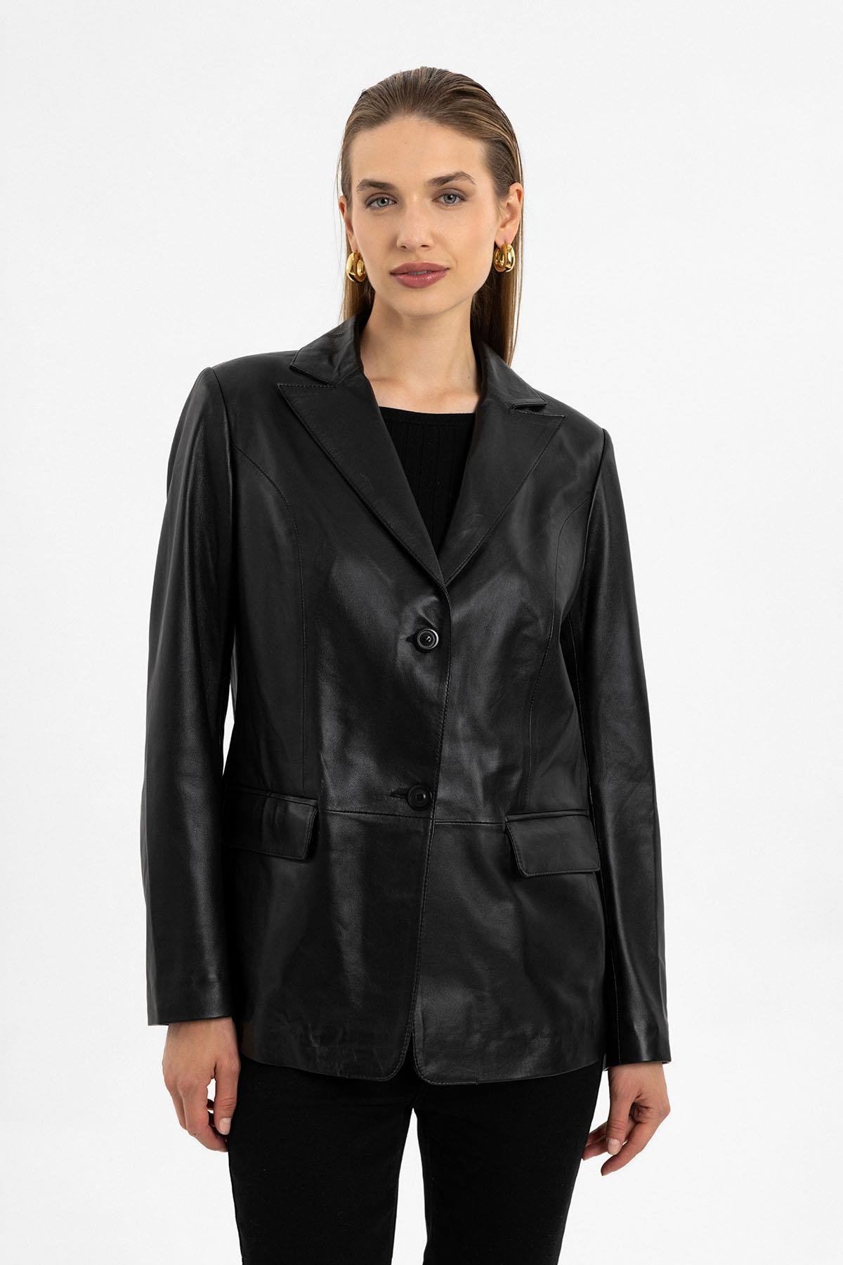 Louisa Siyah Blazer Kadın Hakiki Deri Ceket