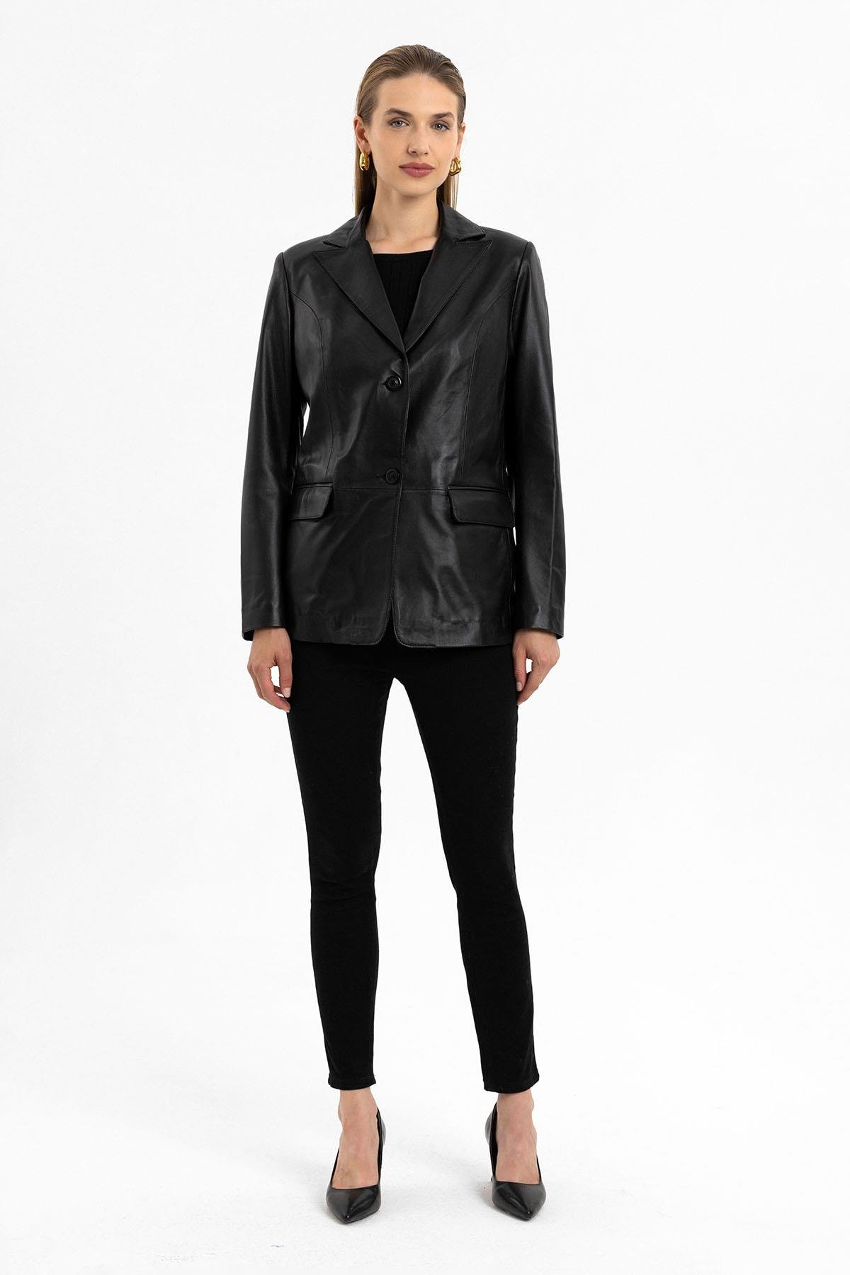 Louisa Siyah Blazer Kadın Hakiki Deri Ceket