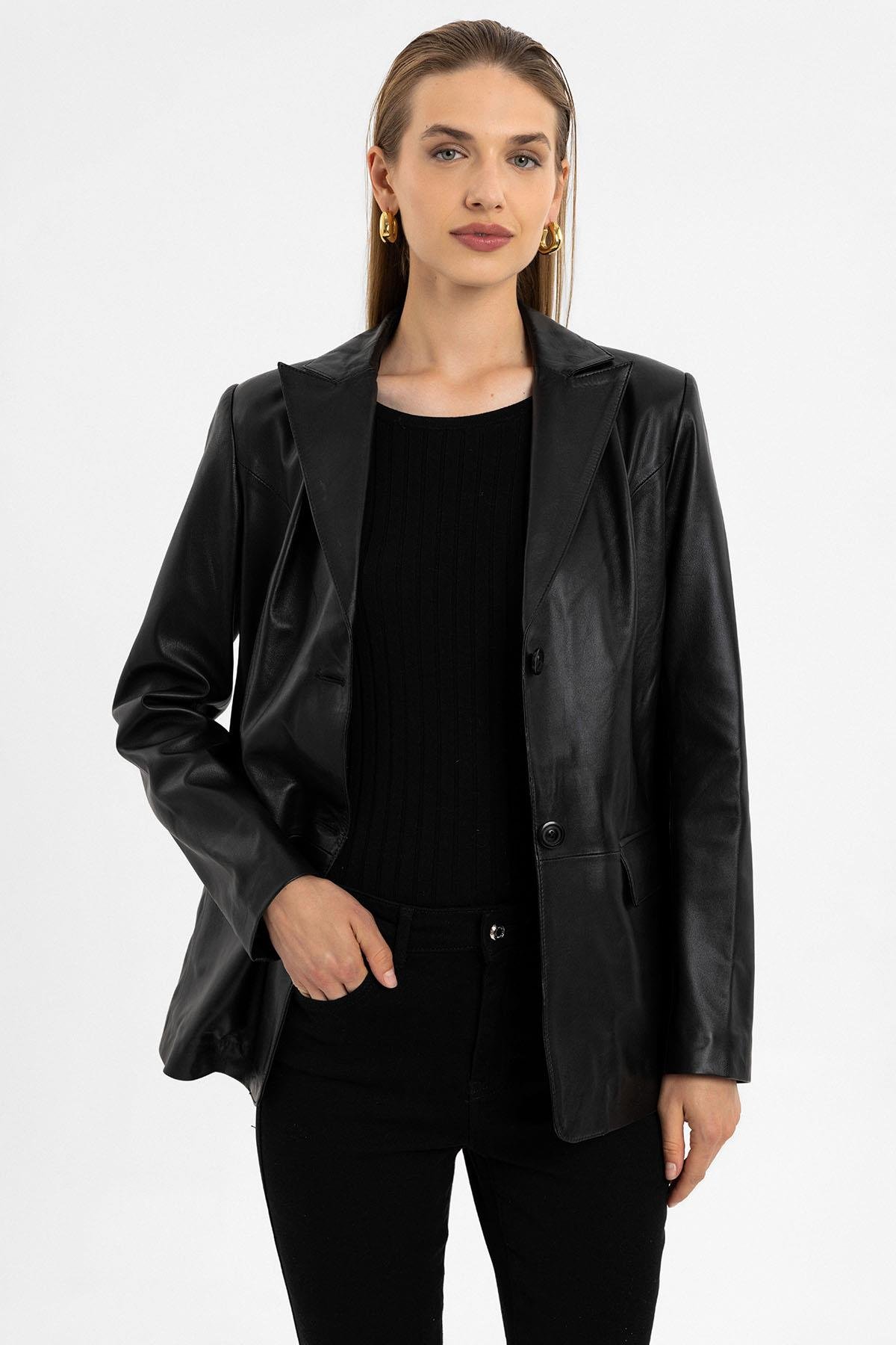 Louisa Siyah Blazer Kadın Hakiki Deri Ceket