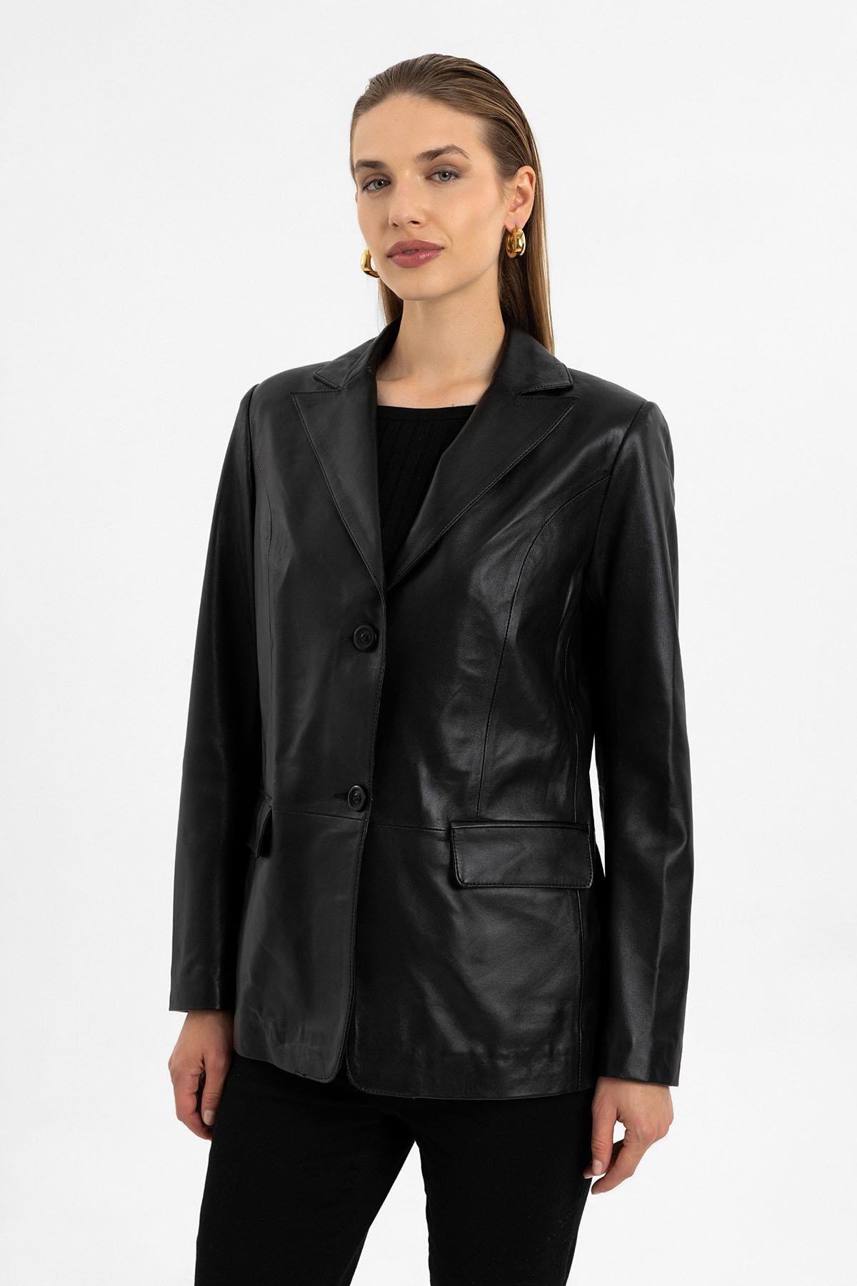 Louisa Siyah Blazer Kadın Hakiki Deri Ceket