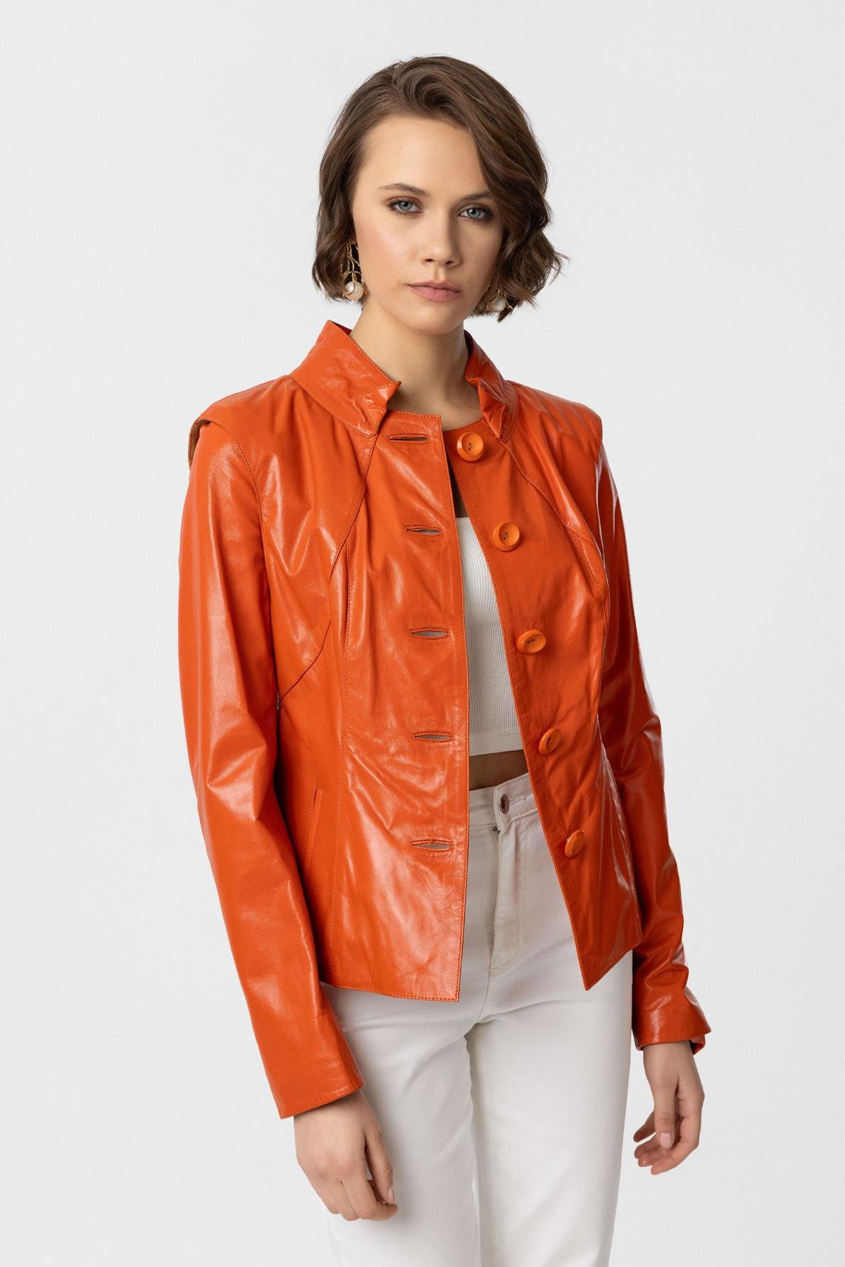 Luila Oranj Perforeli Astarlı Hakiki Deri Mont 