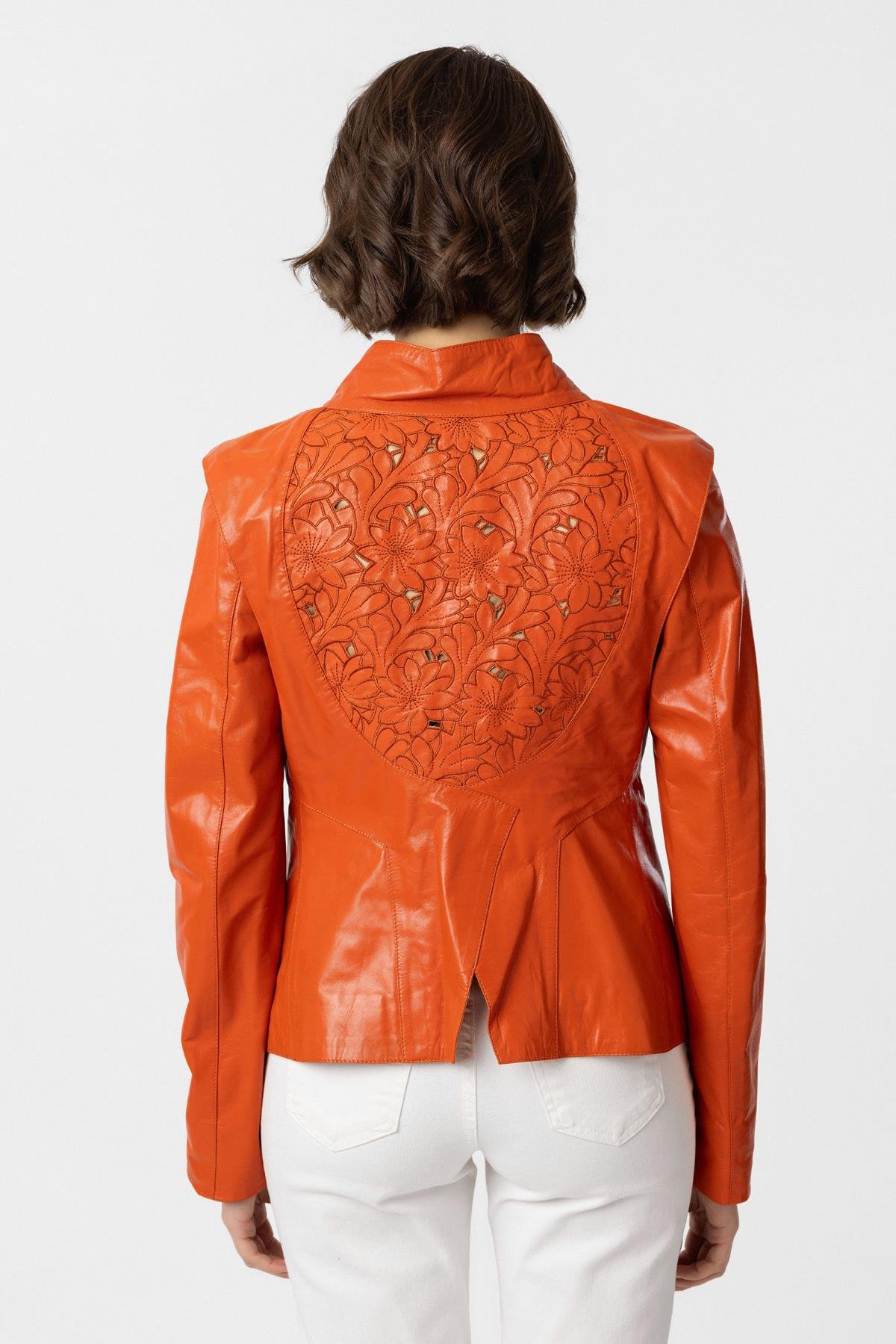 Luila Oranj Perforeli Astarlı Hakiki Deri Mont 