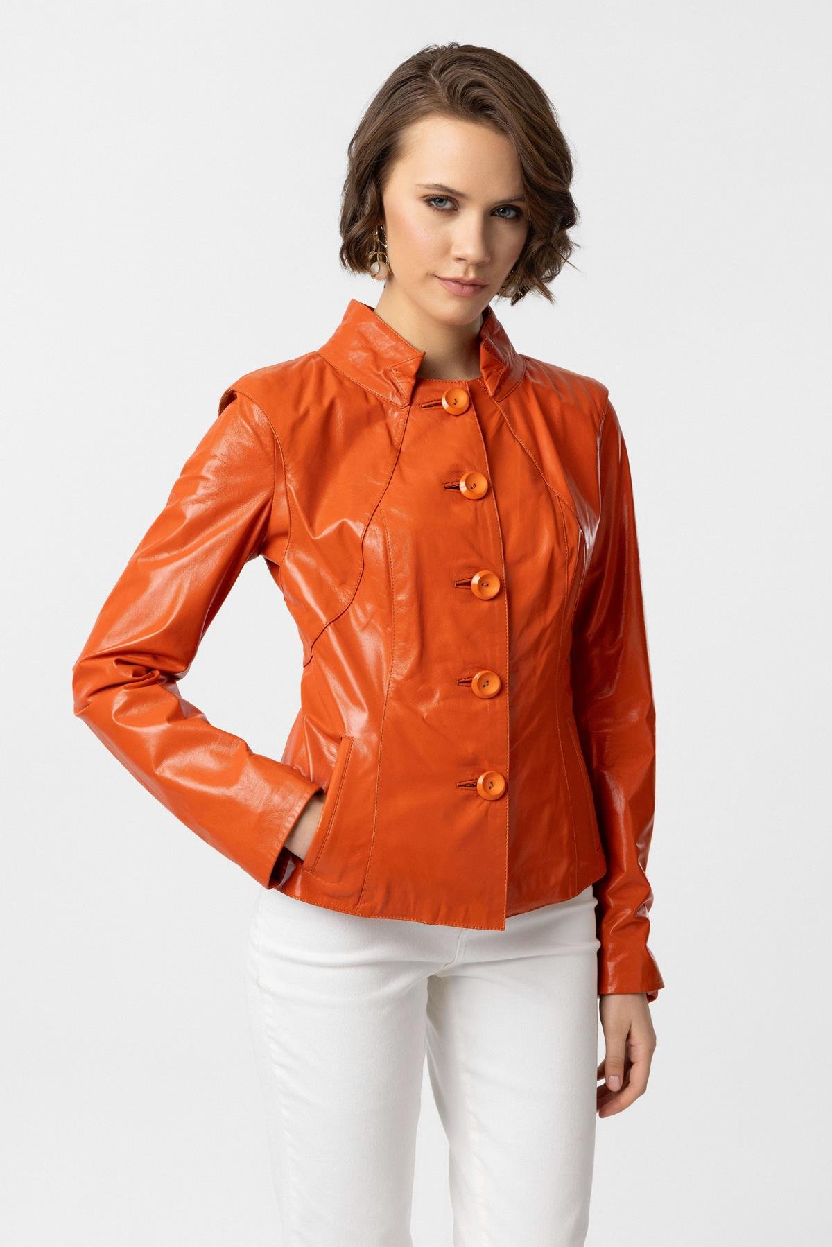 Luila Oranj Perforeli Astarlı Hakiki Deri Mont 