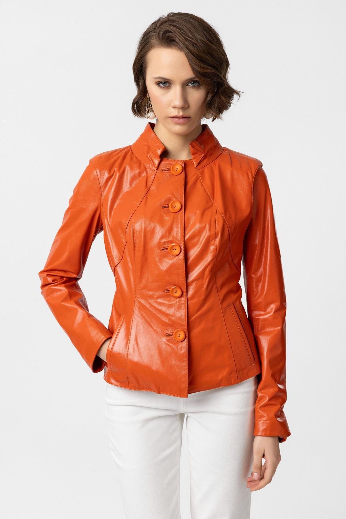 Luila Oranj Perforeli Astarlı Hakiki Deri Mont 