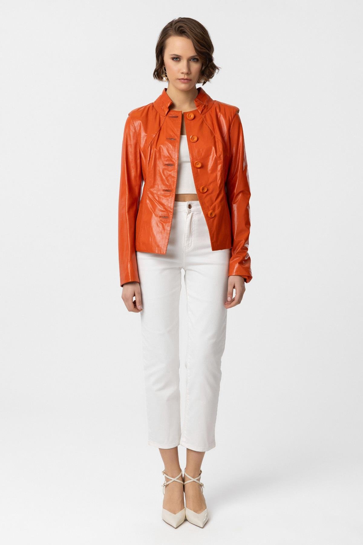 Luila Oranj Perforeli Astarlı Hakiki Deri Mont 