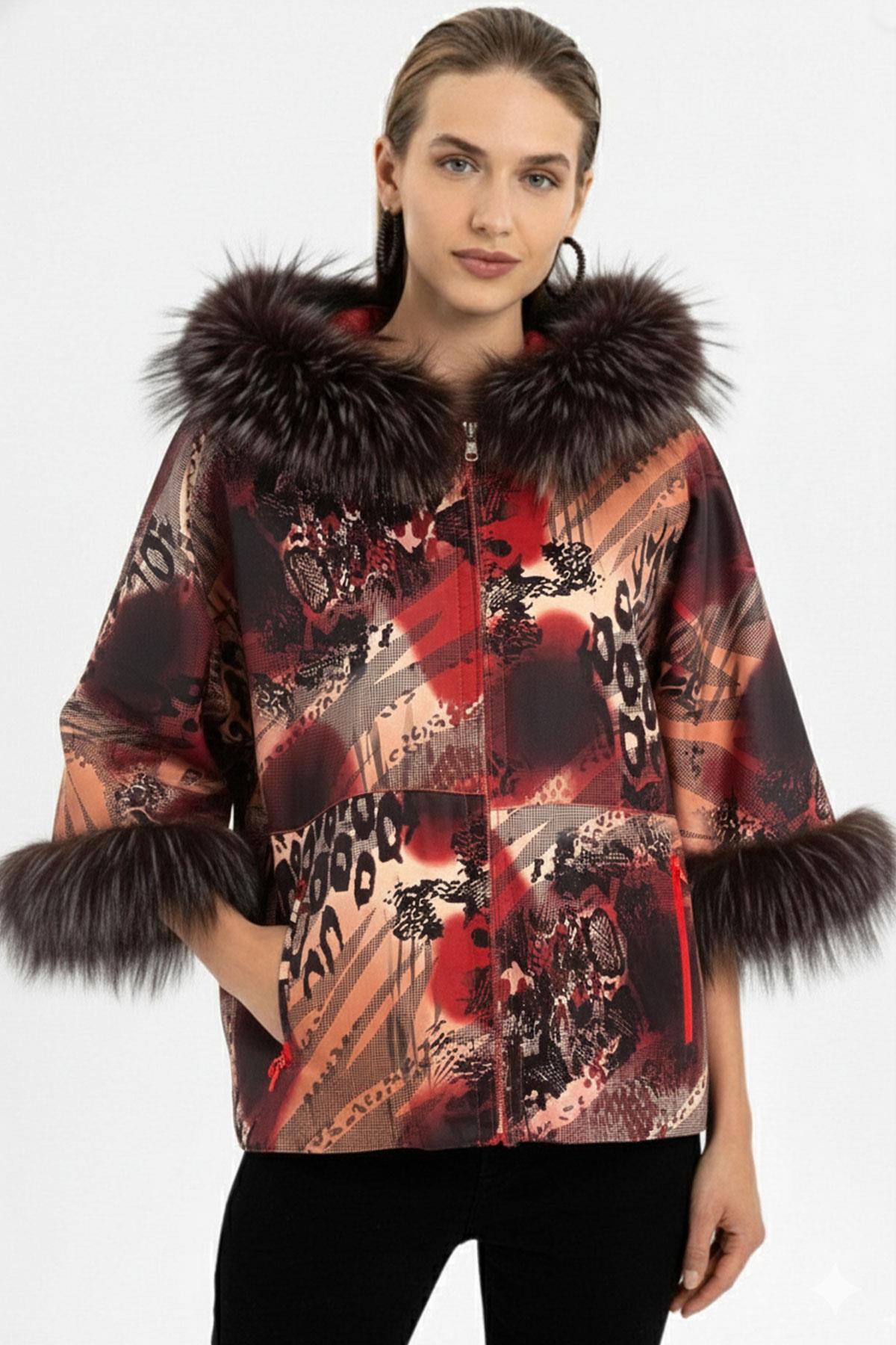 Lulu Kırmızı Panço Çift Taraflı Hakiki Deri Mont