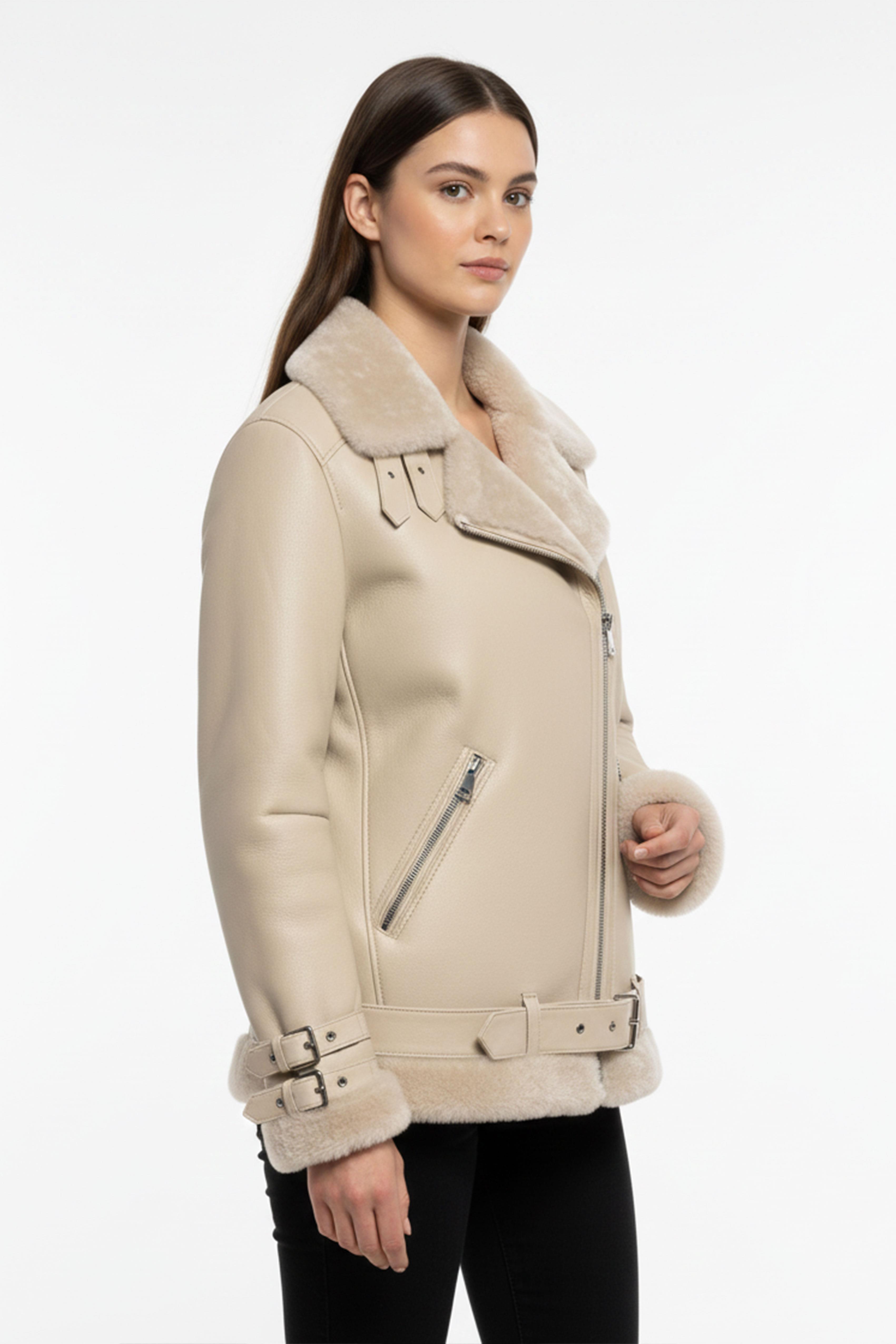 Luna Bej Kürklü Hakiki Deri Kadın Mont