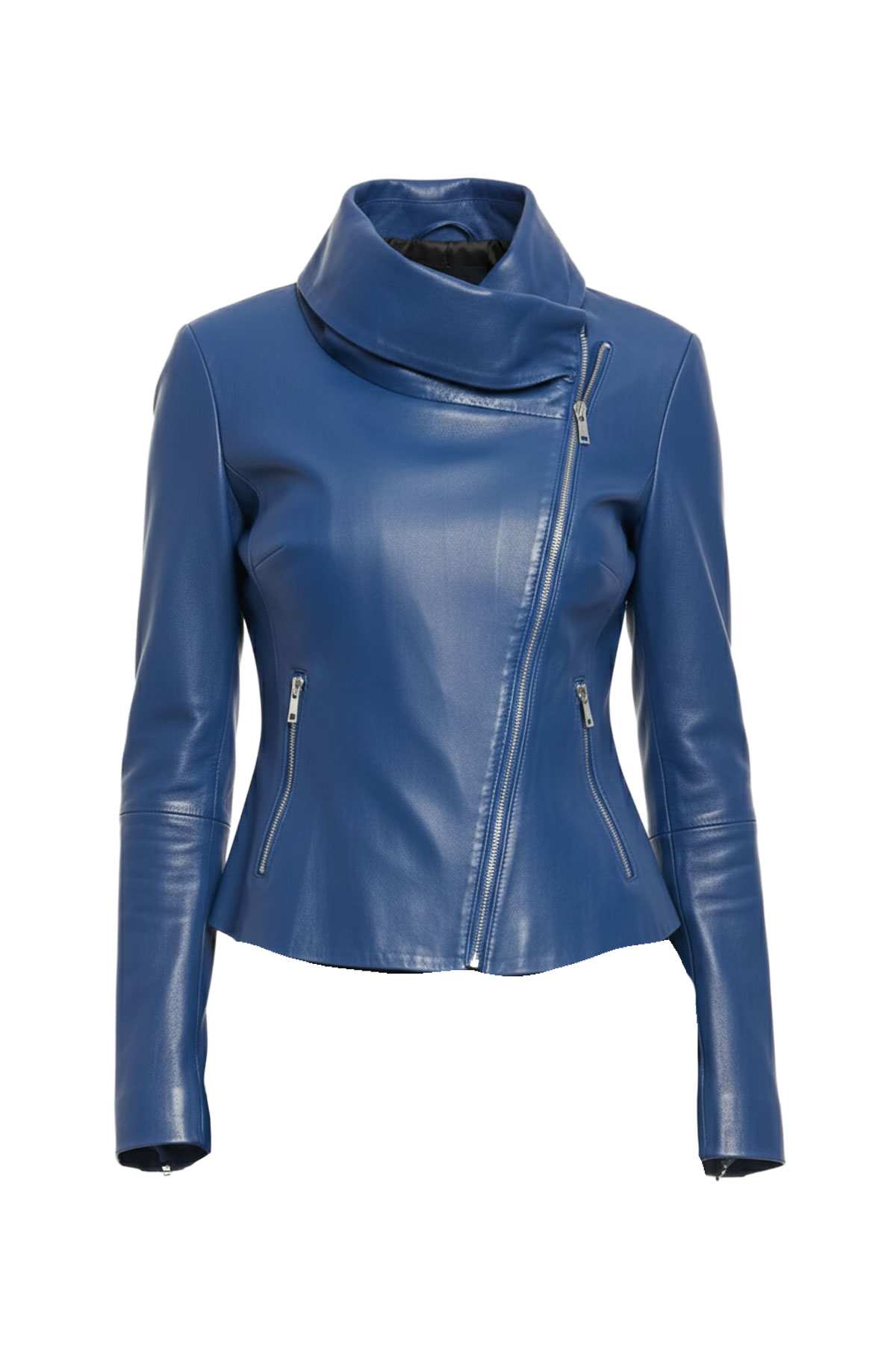 Mavi Benoit Kadın Yandan Fermarlı Astarsız Bedene Oturan Hafif Hakiki Streç Deri Mont