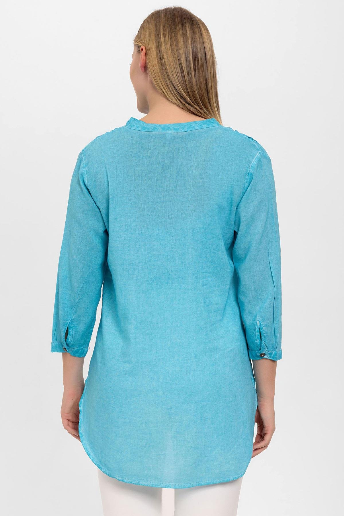 Mavi Düğmeli Truvakar Kolu Şile Bezi Hakim Yaka Pamuklu Bluz