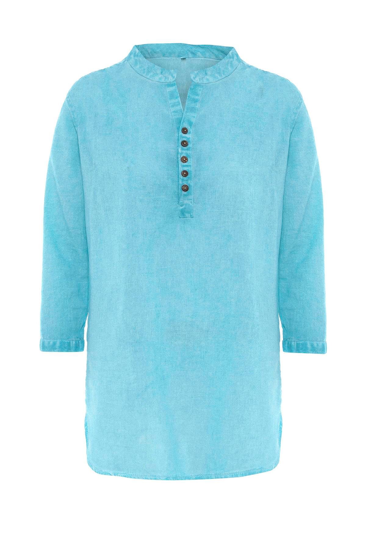 Mavi Düğmeli Truvakar Kolu Şile Bezi Hakim Yaka Pamuklu Bluz