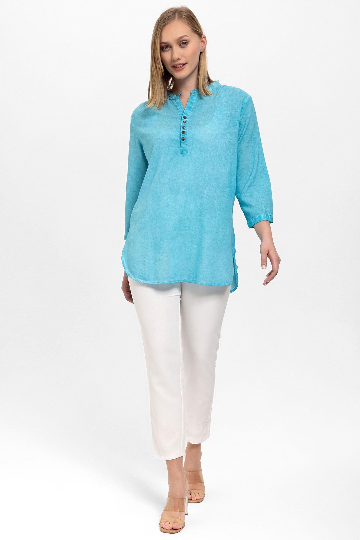 Mavi Düğmeli Truvakar Kolu Şile Bezi Hakim Yaka Pamuklu Bluz
