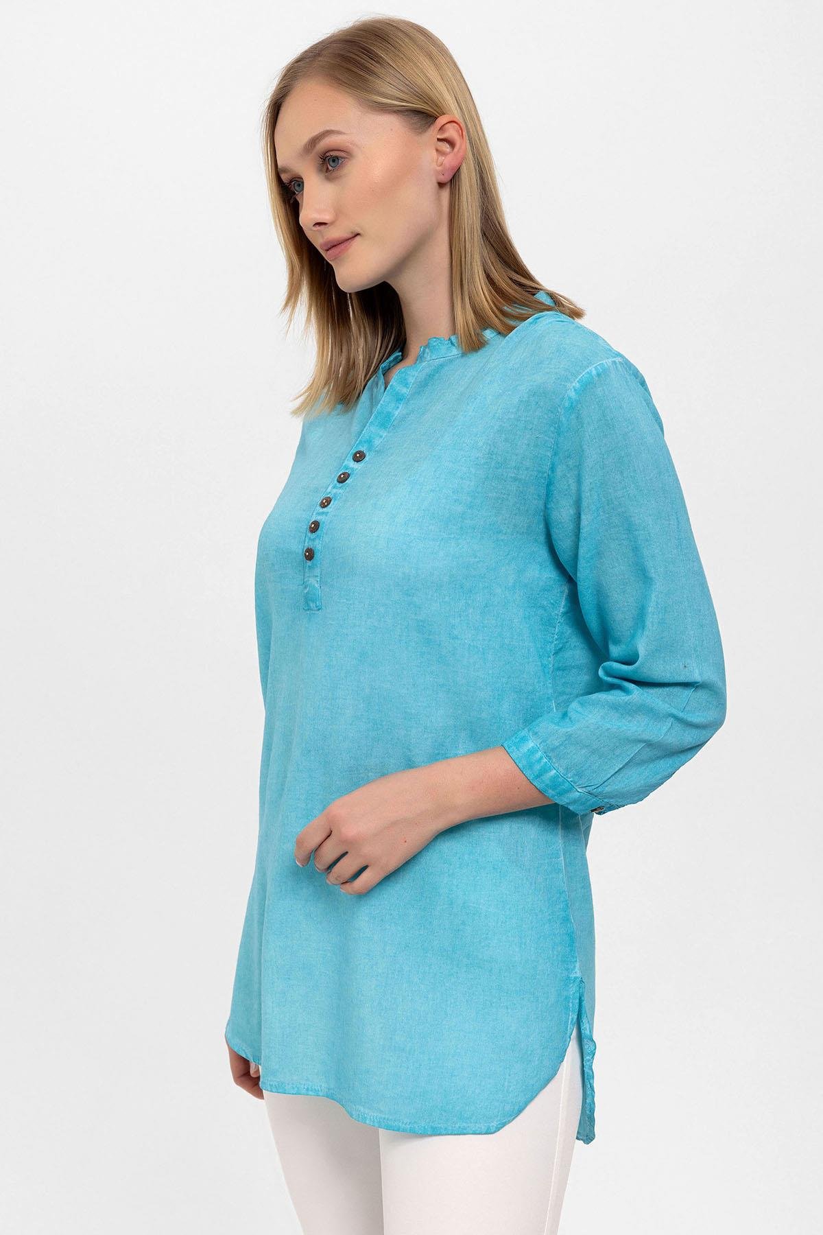 Mavi Düğmeli Truvakar Kolu Şile Bezi Hakim Yaka Pamuklu Bluz