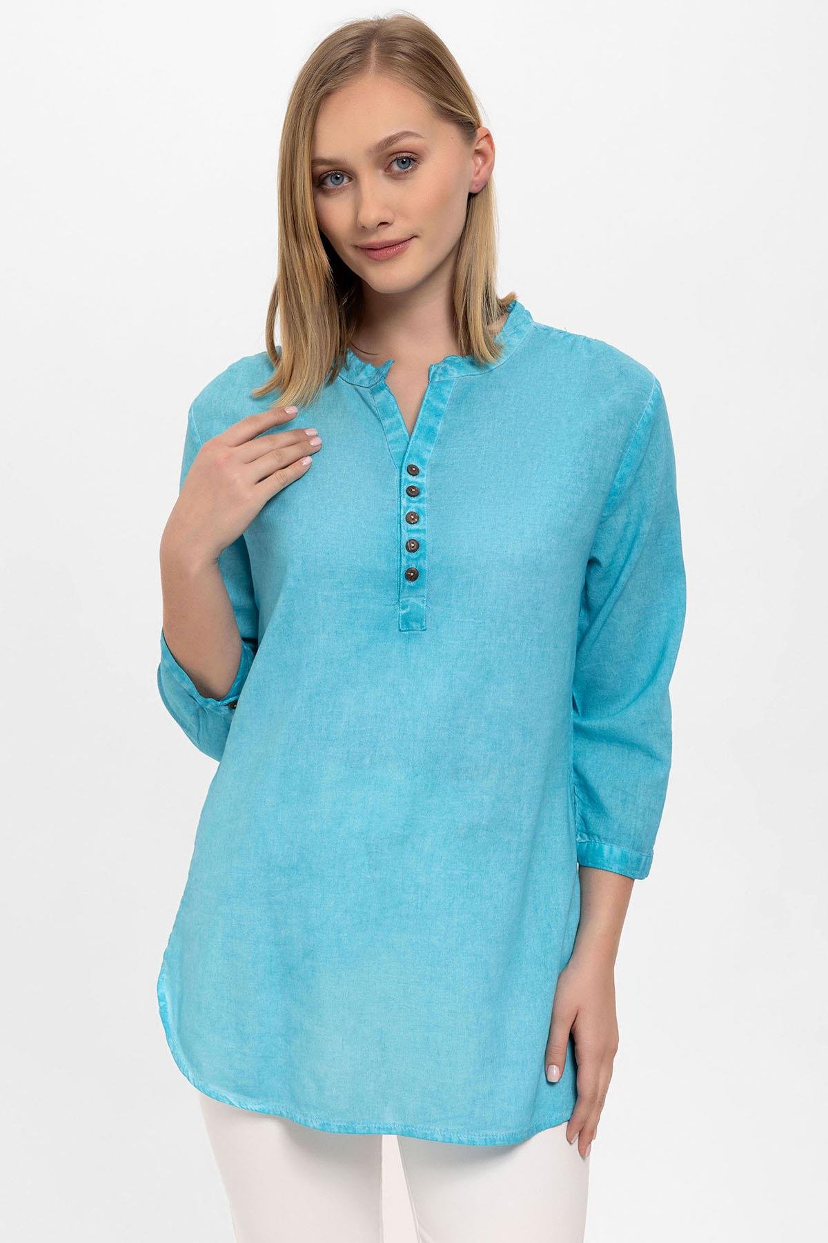 Mavi Düğmeli Truvakar Kolu Şile Bezi Hakim Yaka Pamuklu Bluz
