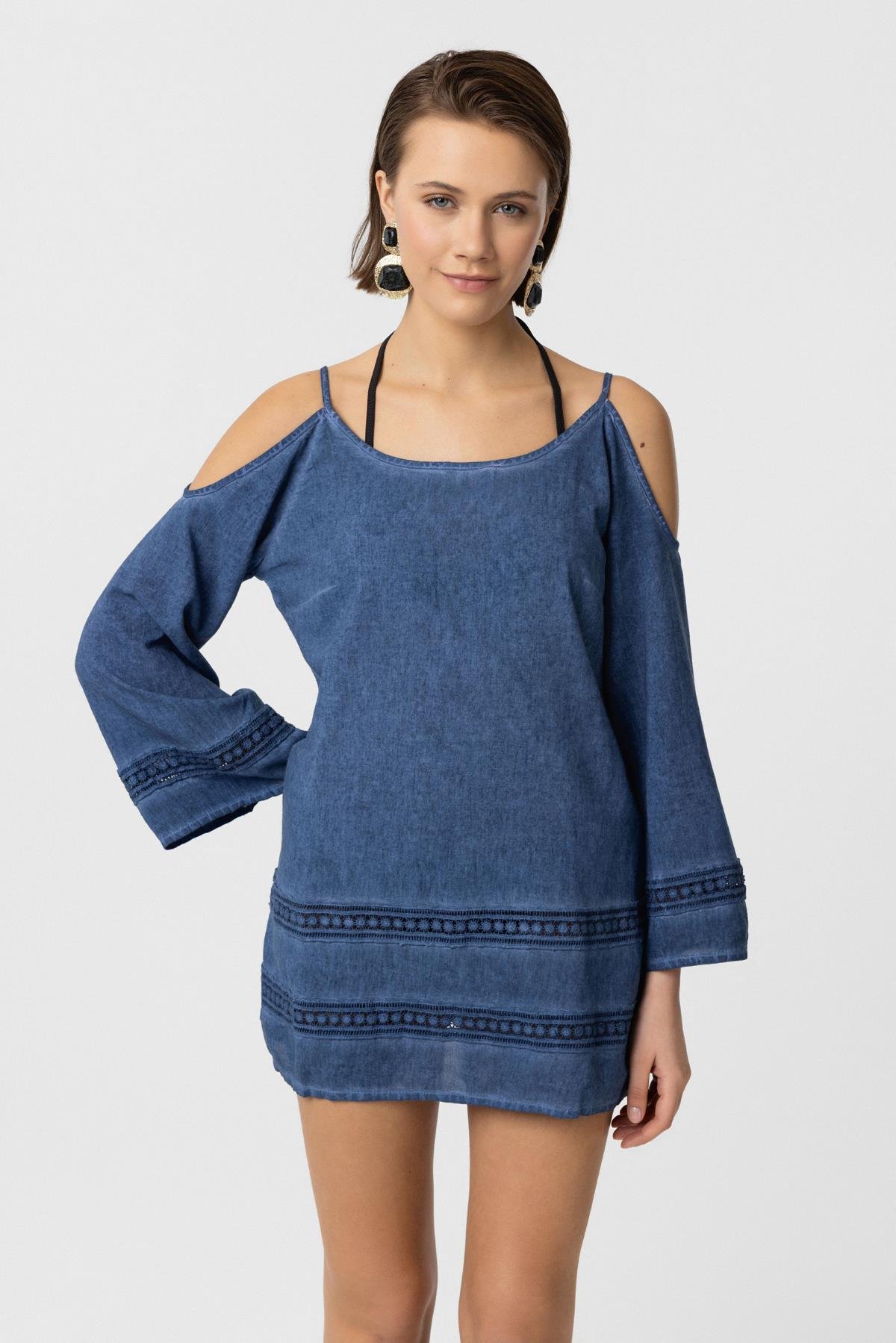 Mavi İnce Askılı Dantel Detaylı Truvakar Kol Pamuklu Gömlek