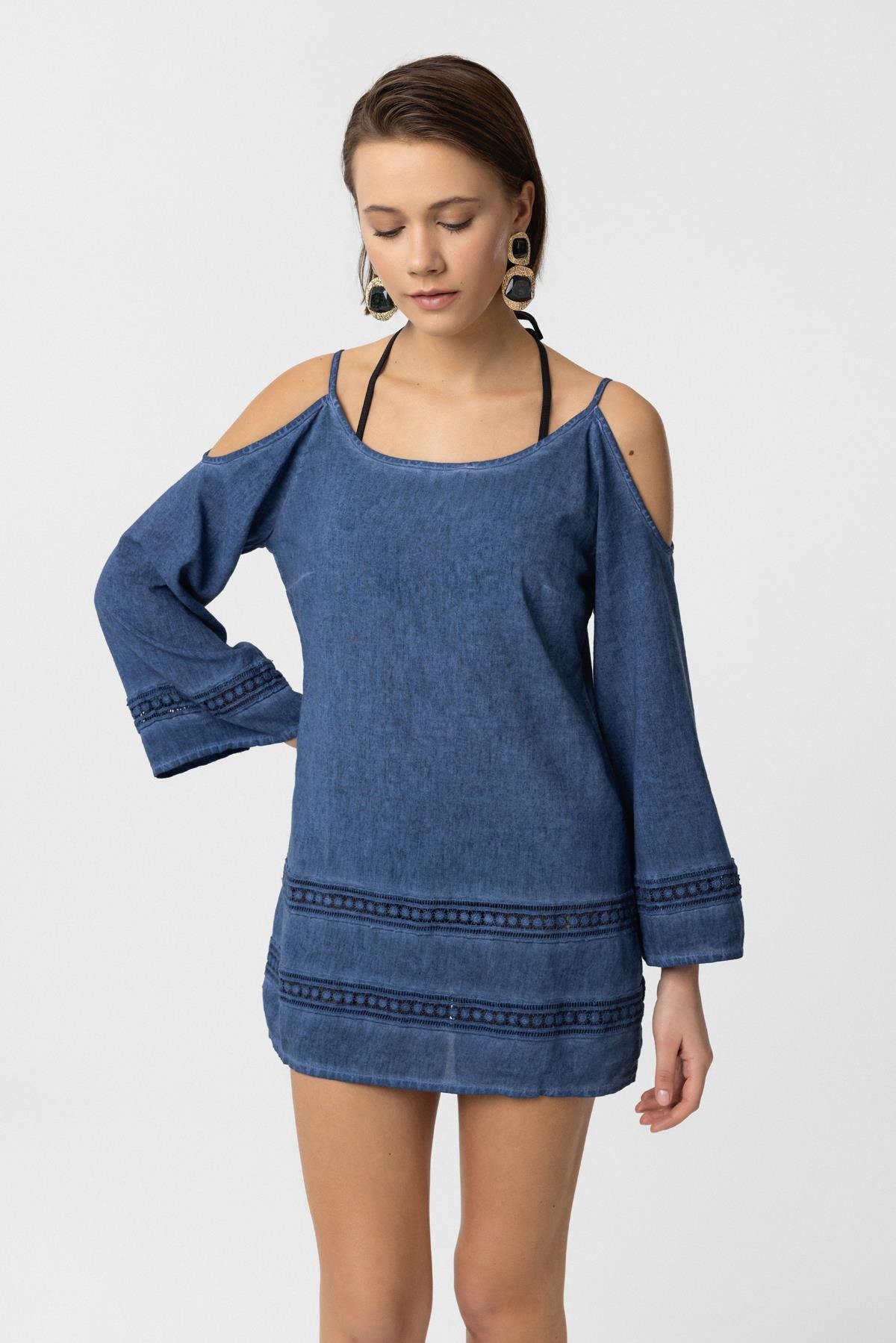 Mavi İnce Askılı Dantel Detaylı Truvakar Kol Pamuklu Gömlek