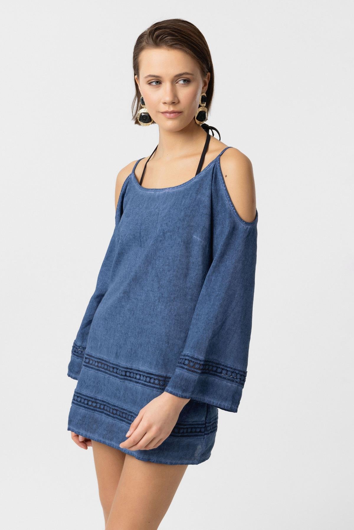 Mavi İnce Askılı Dantel Detaylı Truvakar Kol Pamuklu Gömlek