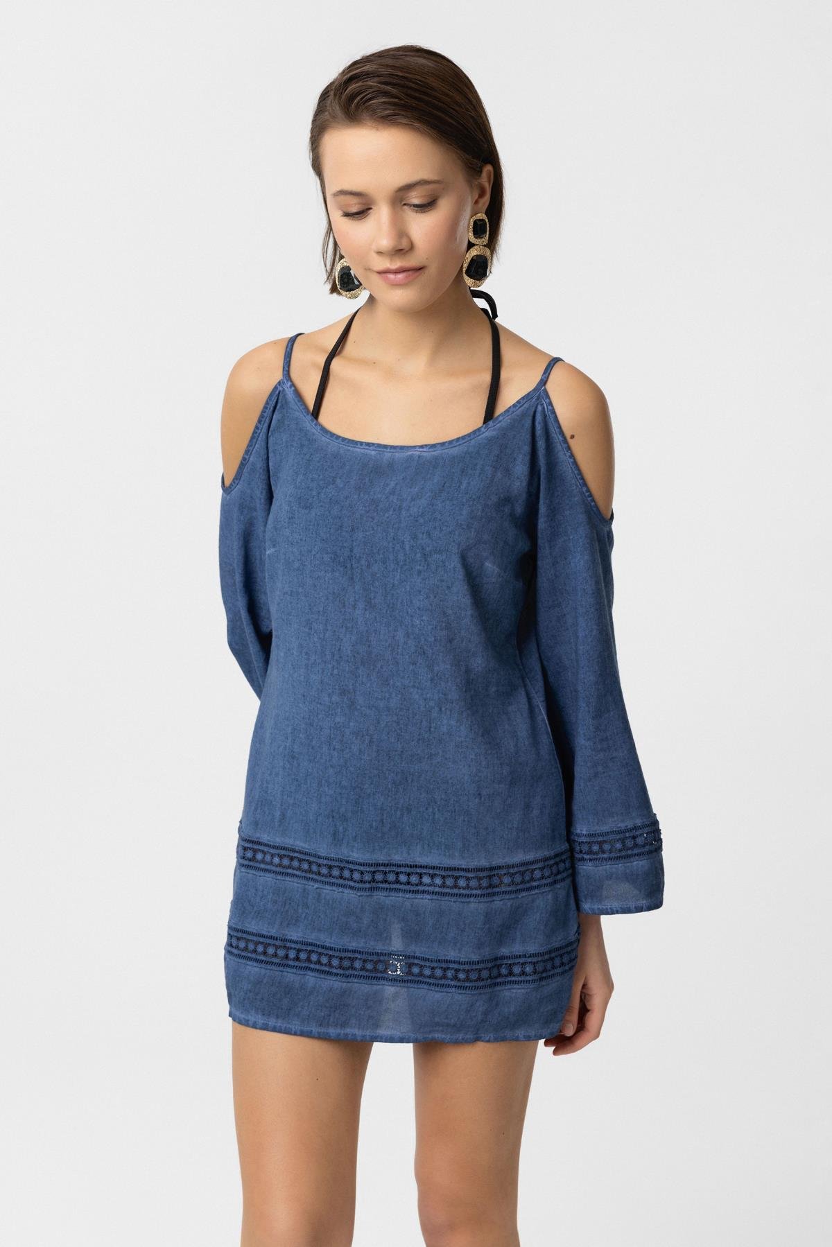 Mavi İnce Askılı Dantel Detaylı Truvakar Kol Pamuklu Gömlek