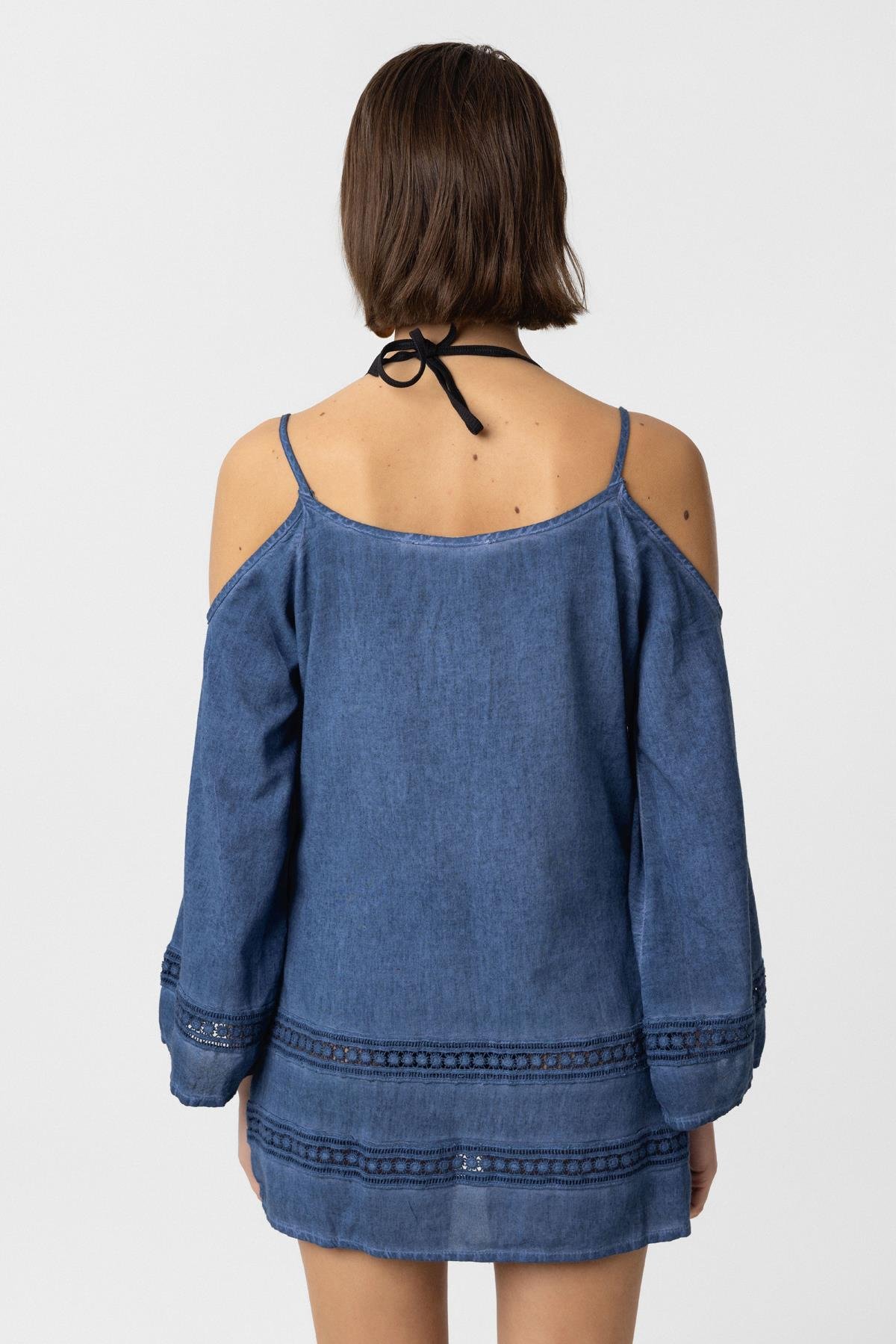 Mavi İnce Askılı Dantel Detaylı Truvakar Kol Pamuklu Gömlek