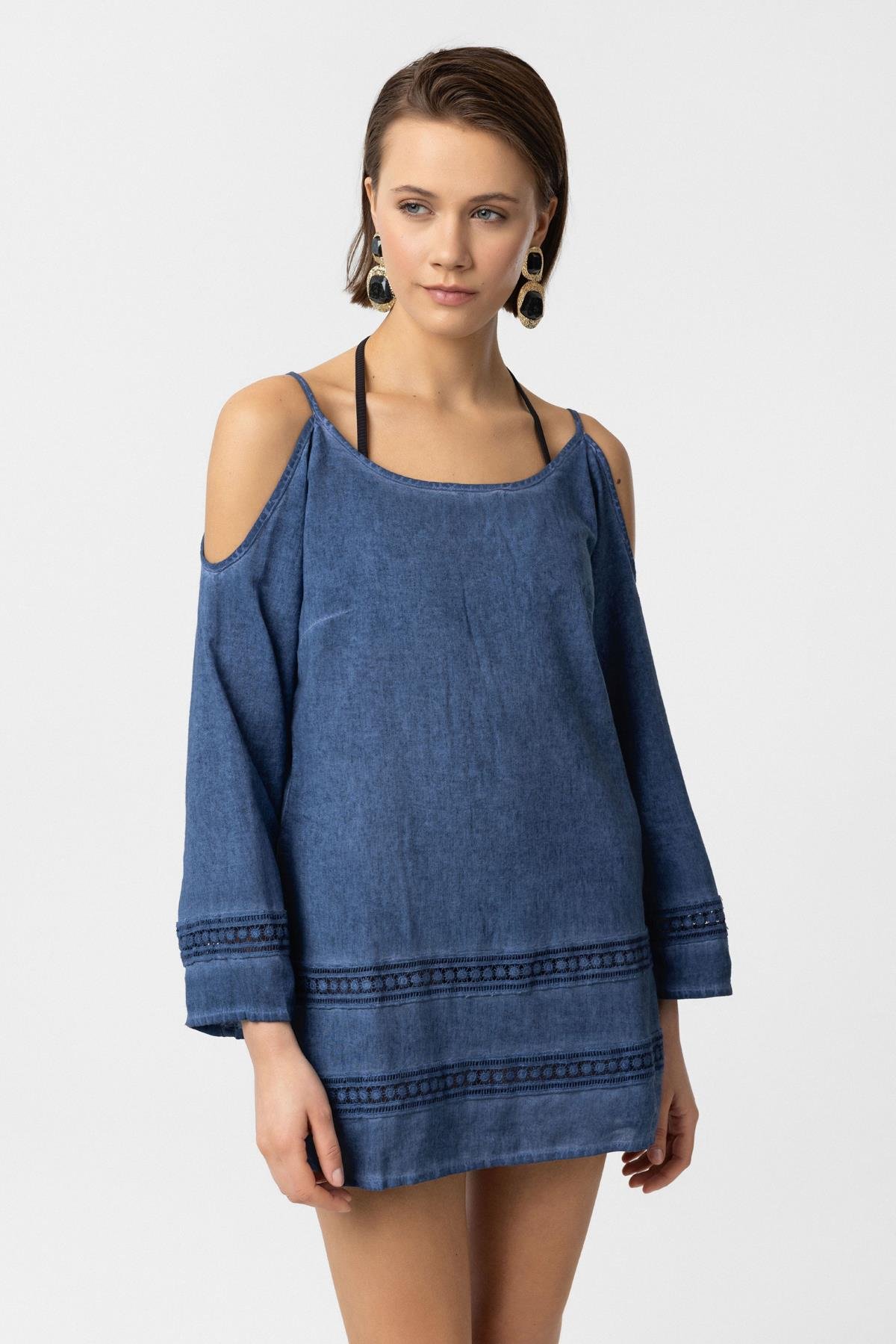 Mavi İnce Askılı Dantel Detaylı Truvakar Kol Pamuklu Gömlek