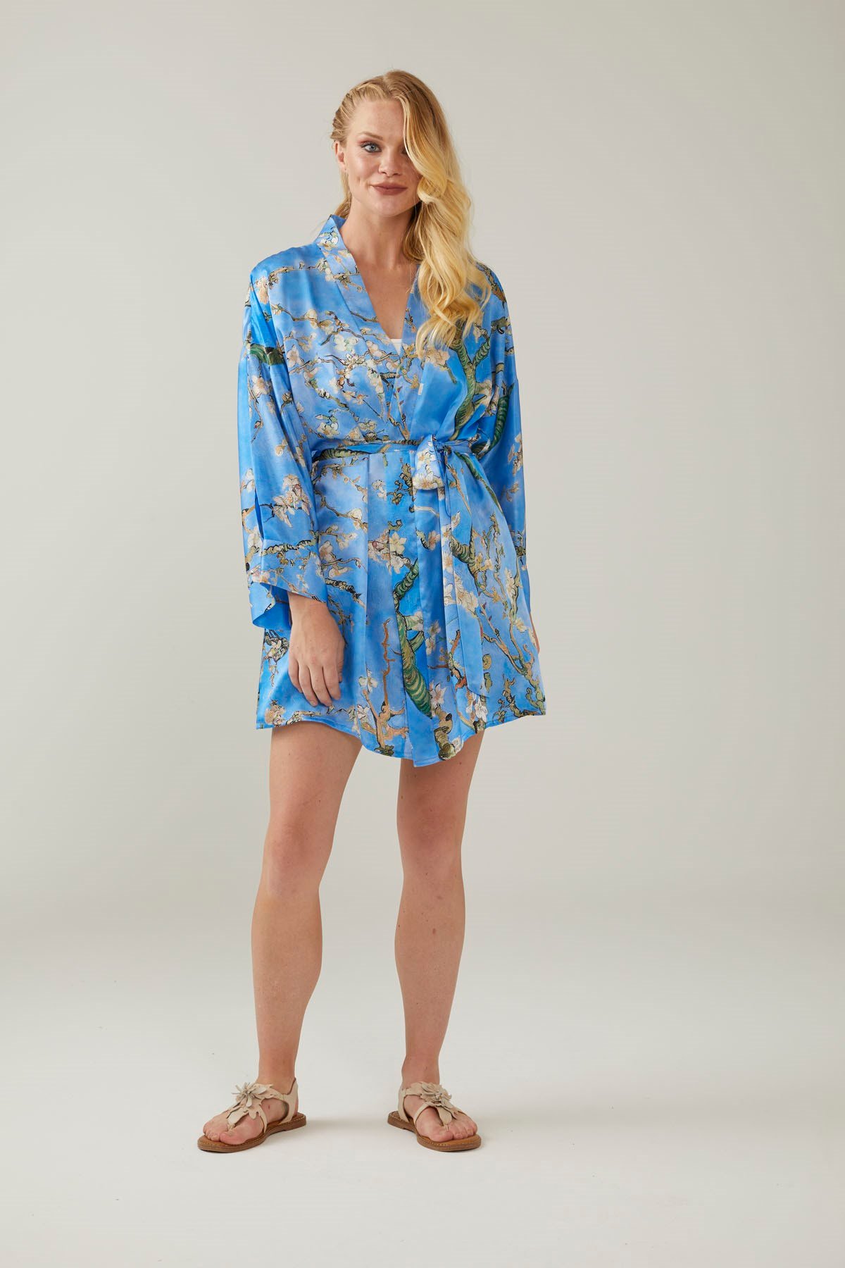 Mavi Van Gogh Almond Blossoms Kısa İpek Kaftan