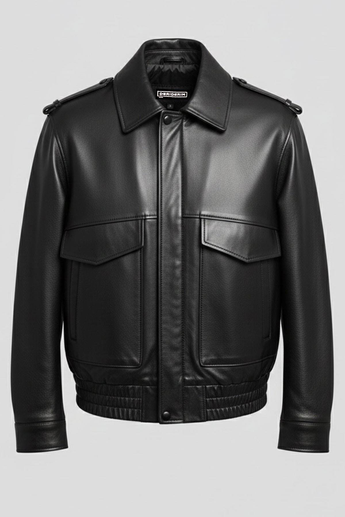 Mira Siyah Hakiki Deri Bomber Kadın Mont