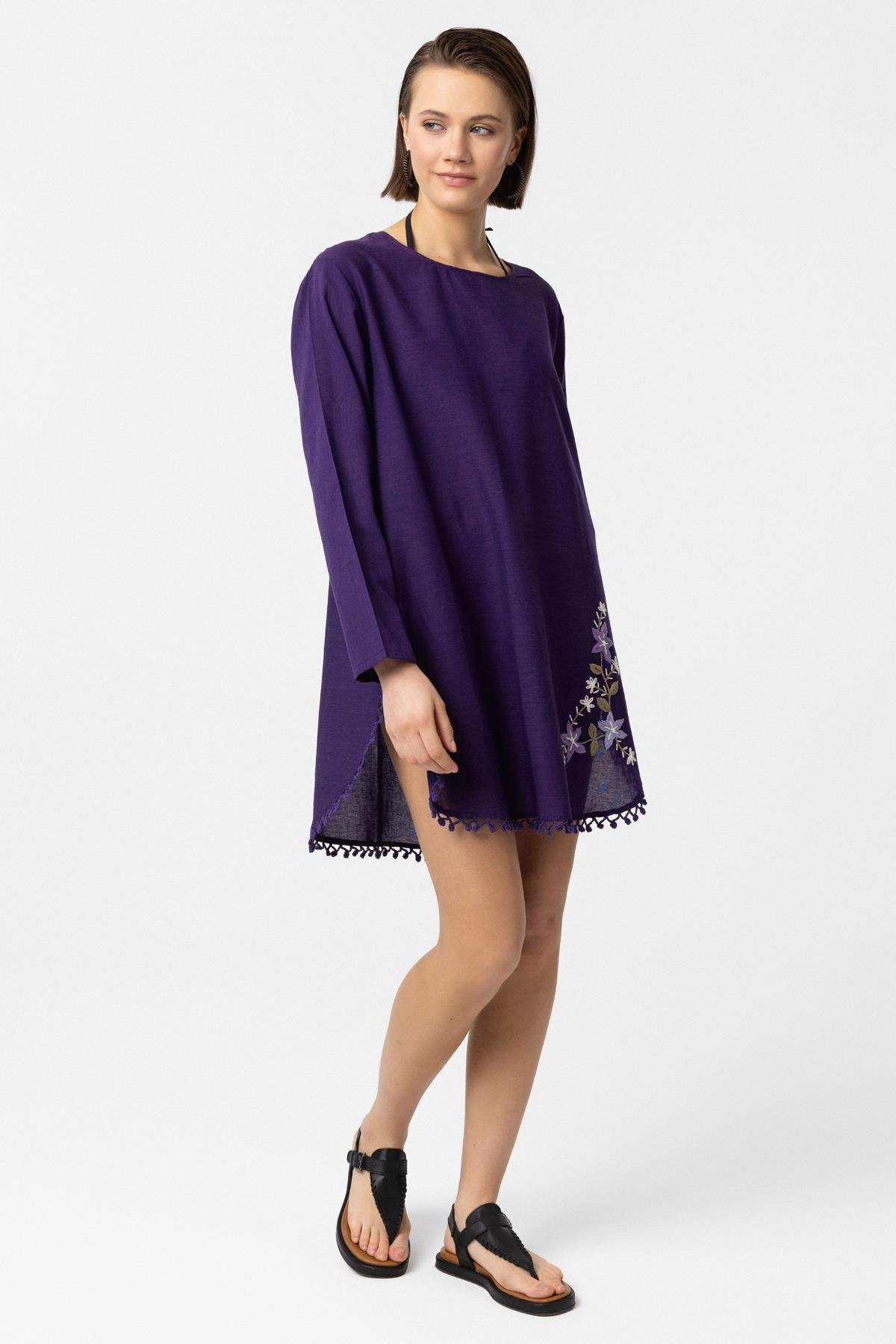 Mor Nakış İşlemeli Uzun Kollu Pamuklu Bluz Elbise