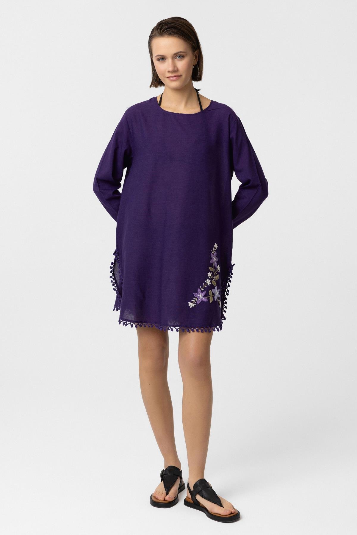 Mor Nakış İşlemeli Uzun Kollu Pamuklu Bluz Elbise