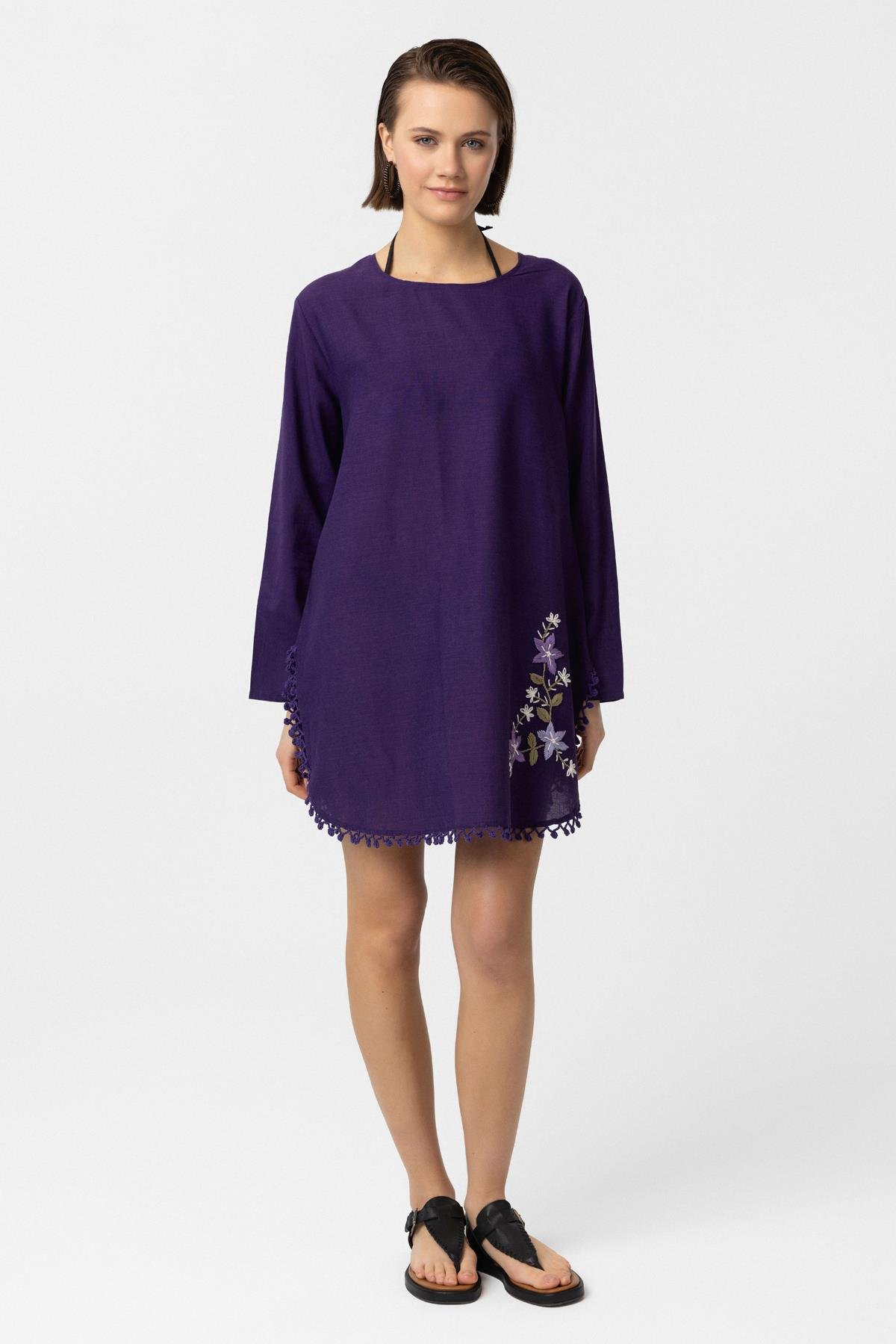 Mor Nakış İşlemeli Uzun Kollu Pamuklu Bluz Elbise