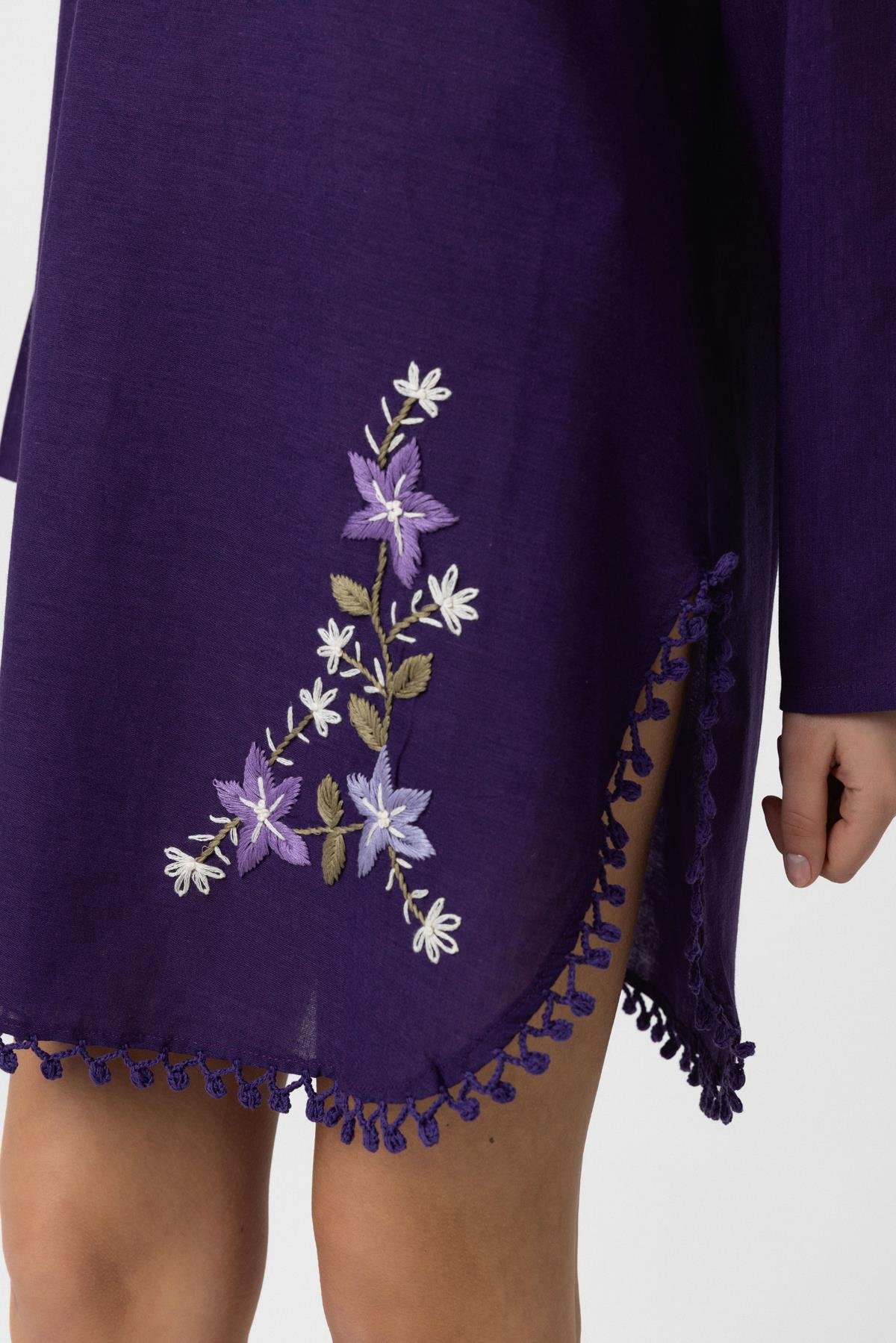 Mor Nakış İşlemeli Uzun Kollu Pamuklu Bluz Elbise