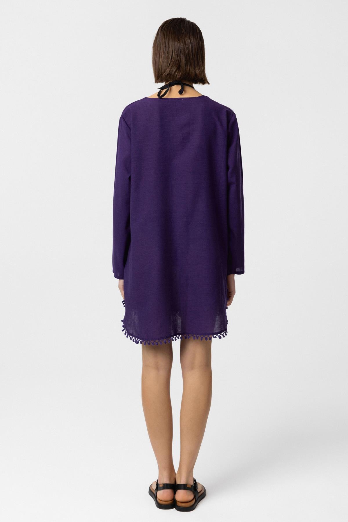 Mor Nakış İşlemeli Uzun Kollu Pamuklu Bluz Elbise