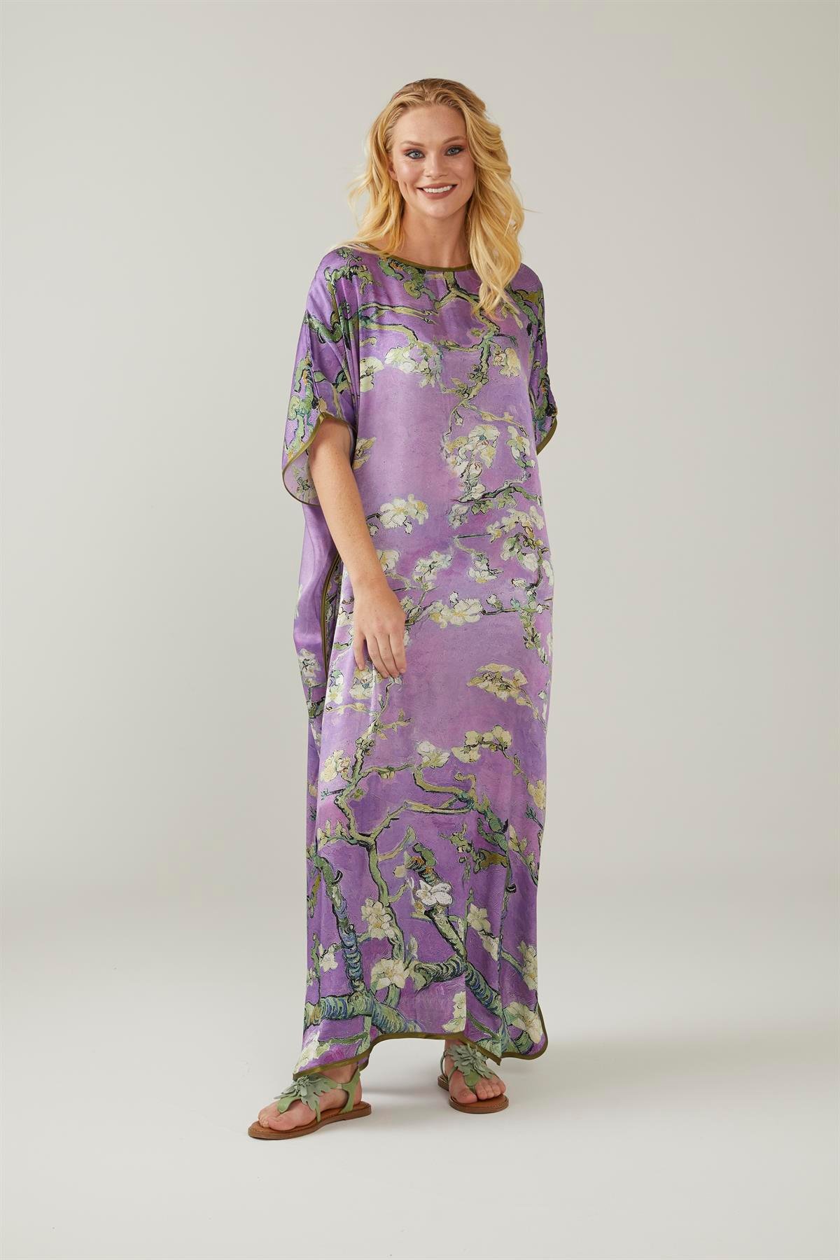 Mor Van Gogh Almond Blossoms Desenli İpek Elbise
