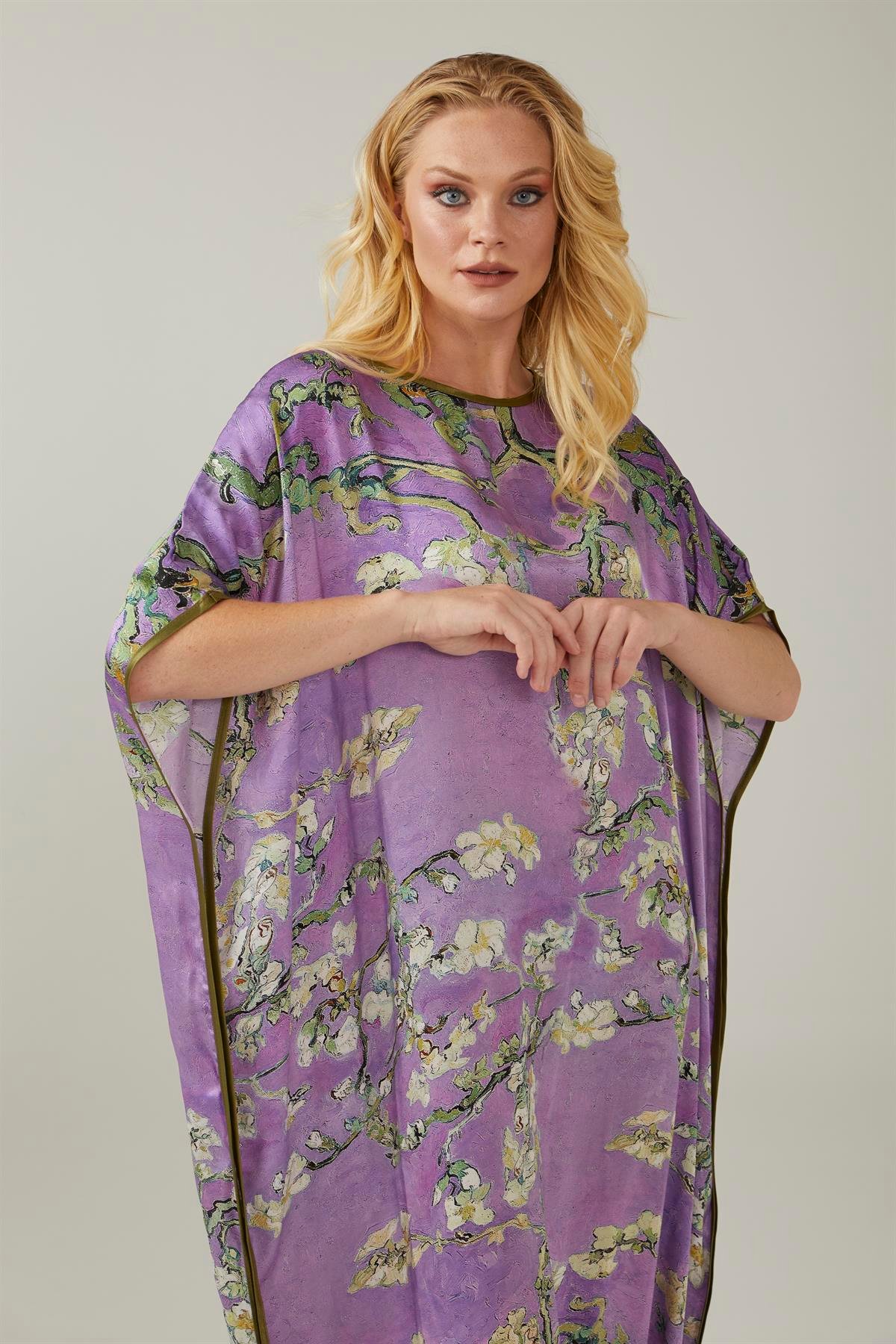 Mor Van Gogh Almond Blossoms Desenli İpek Elbise