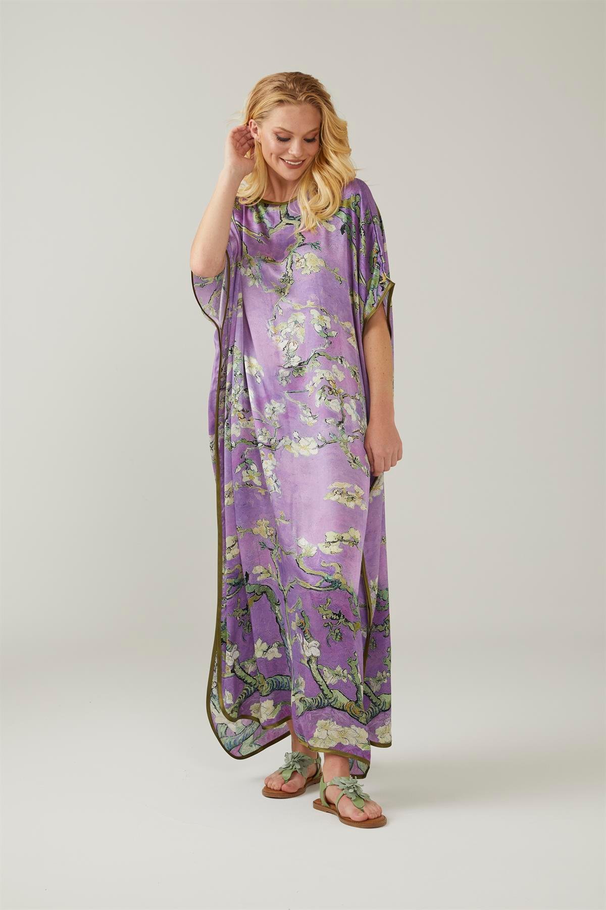 Mor Van Gogh Almond Blossoms Desenli İpek Elbise