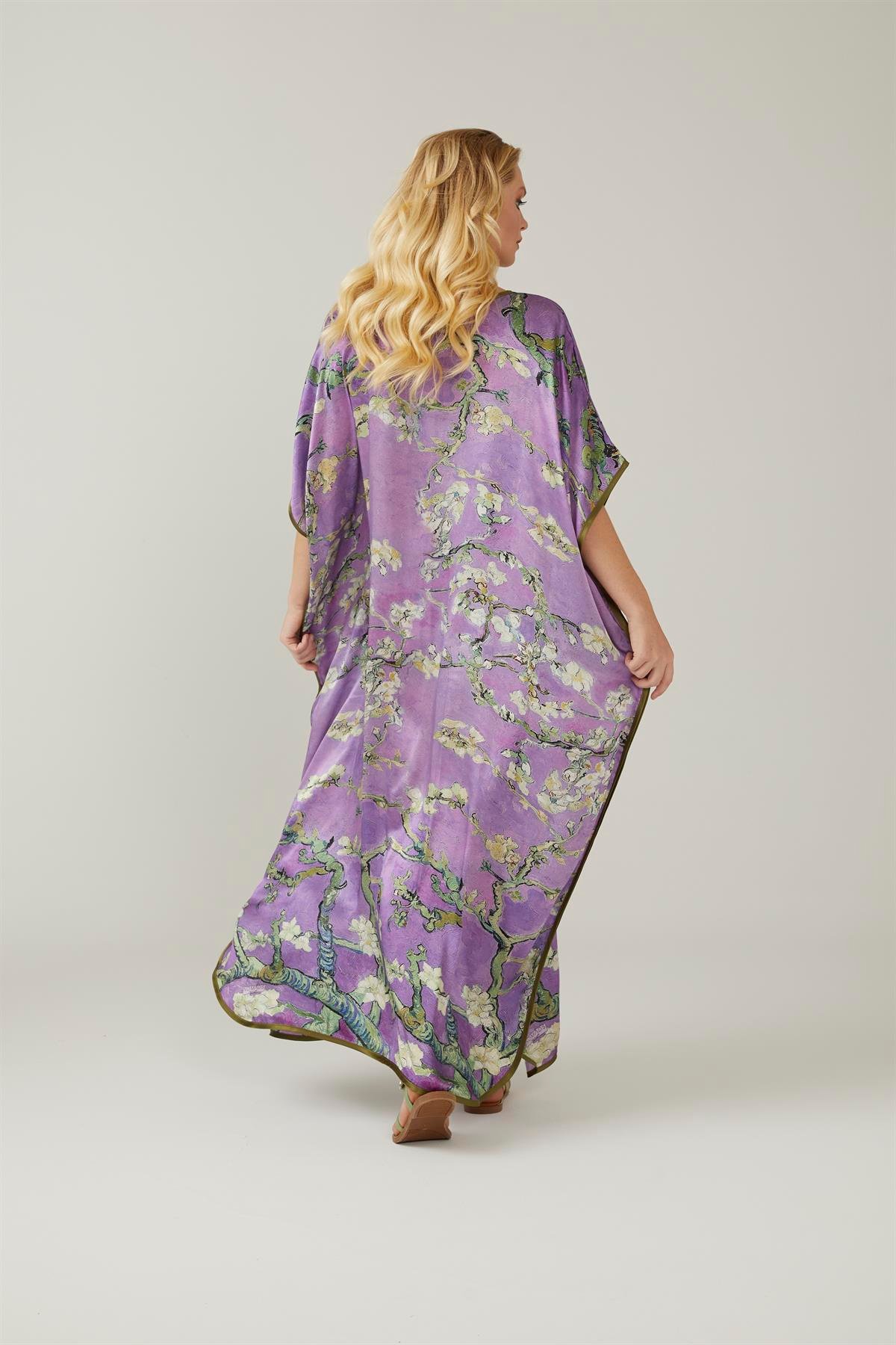 Mor Van Gogh Almond Blossoms Desenli İpek Elbise