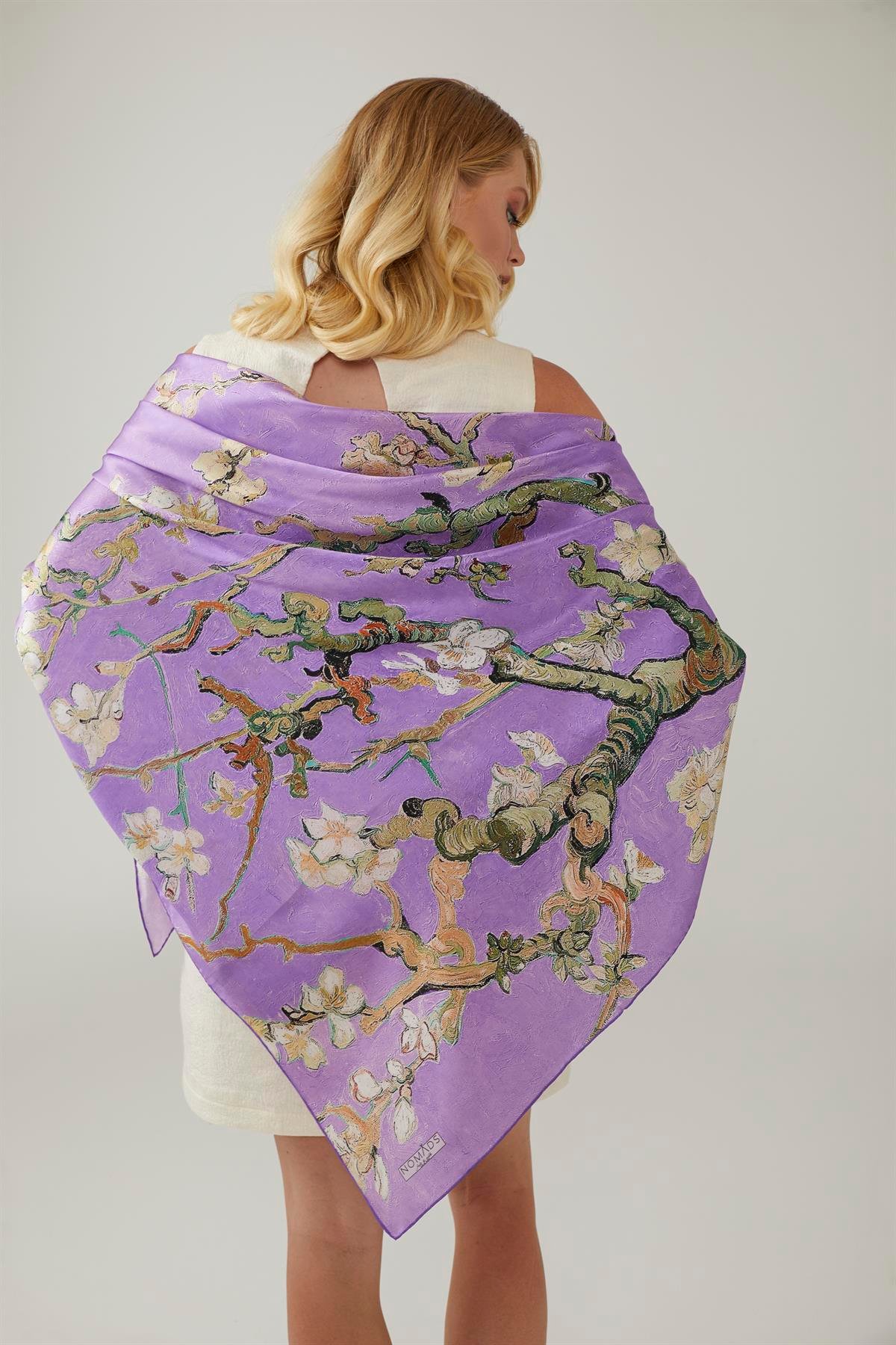 Mor Van Gogh Almond Blossoms Kare 140x140 Ipek Şal Eşarp