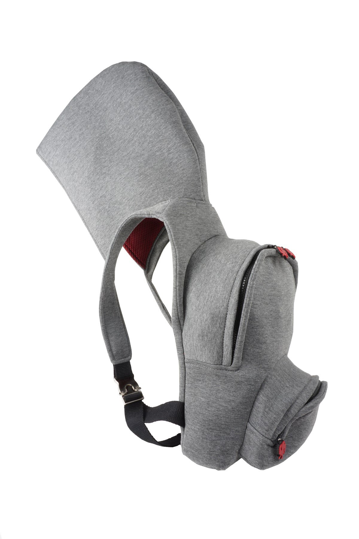 SMALL GREY BURGUNDY HOODED BACKPACK