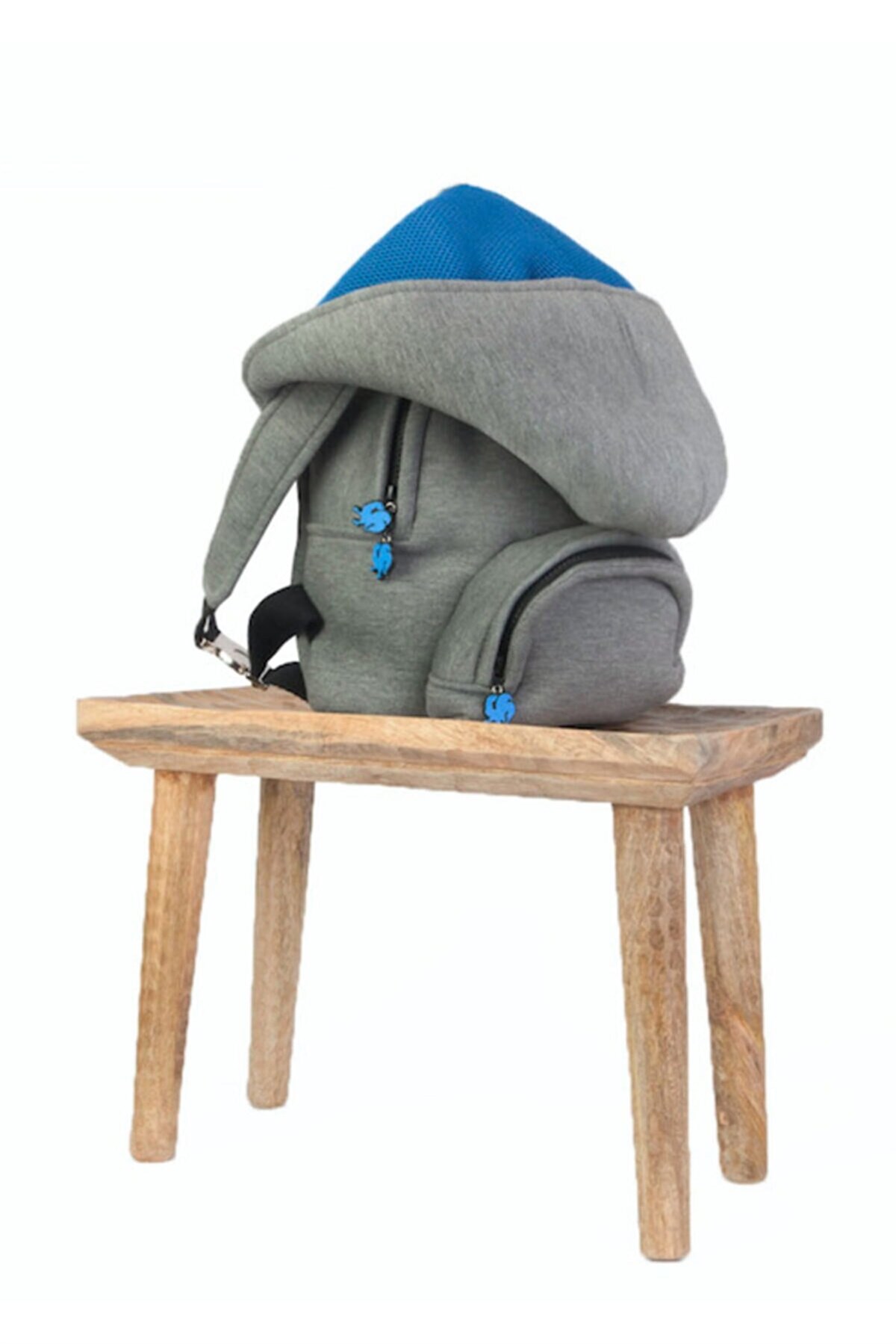 Morikukko Basic Gri Mavi Kapüşonlu Küçük Sırt Çantası