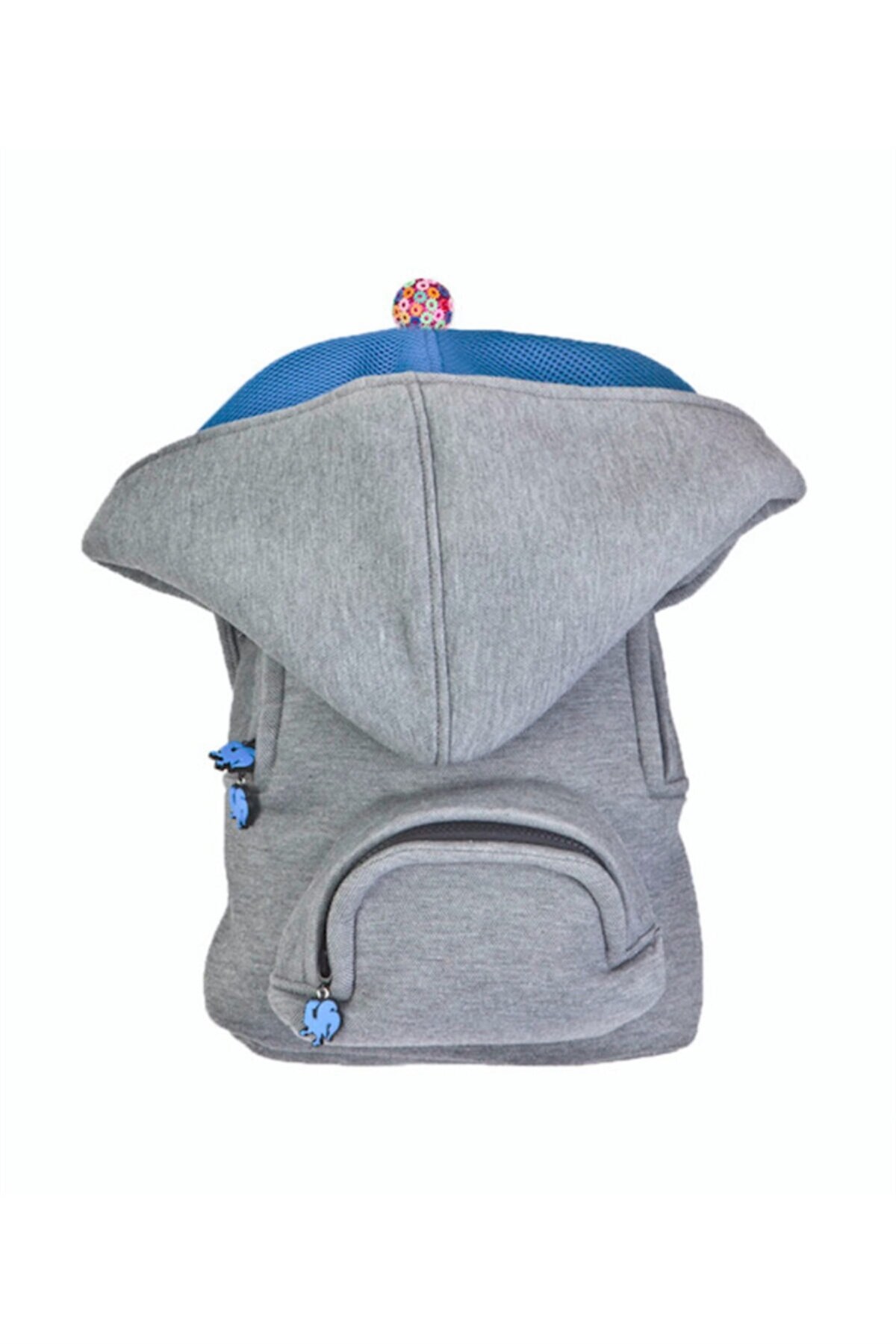 Morikukko Basic Gri Mavi Kapüşonlu Küçük Sırt Çantası